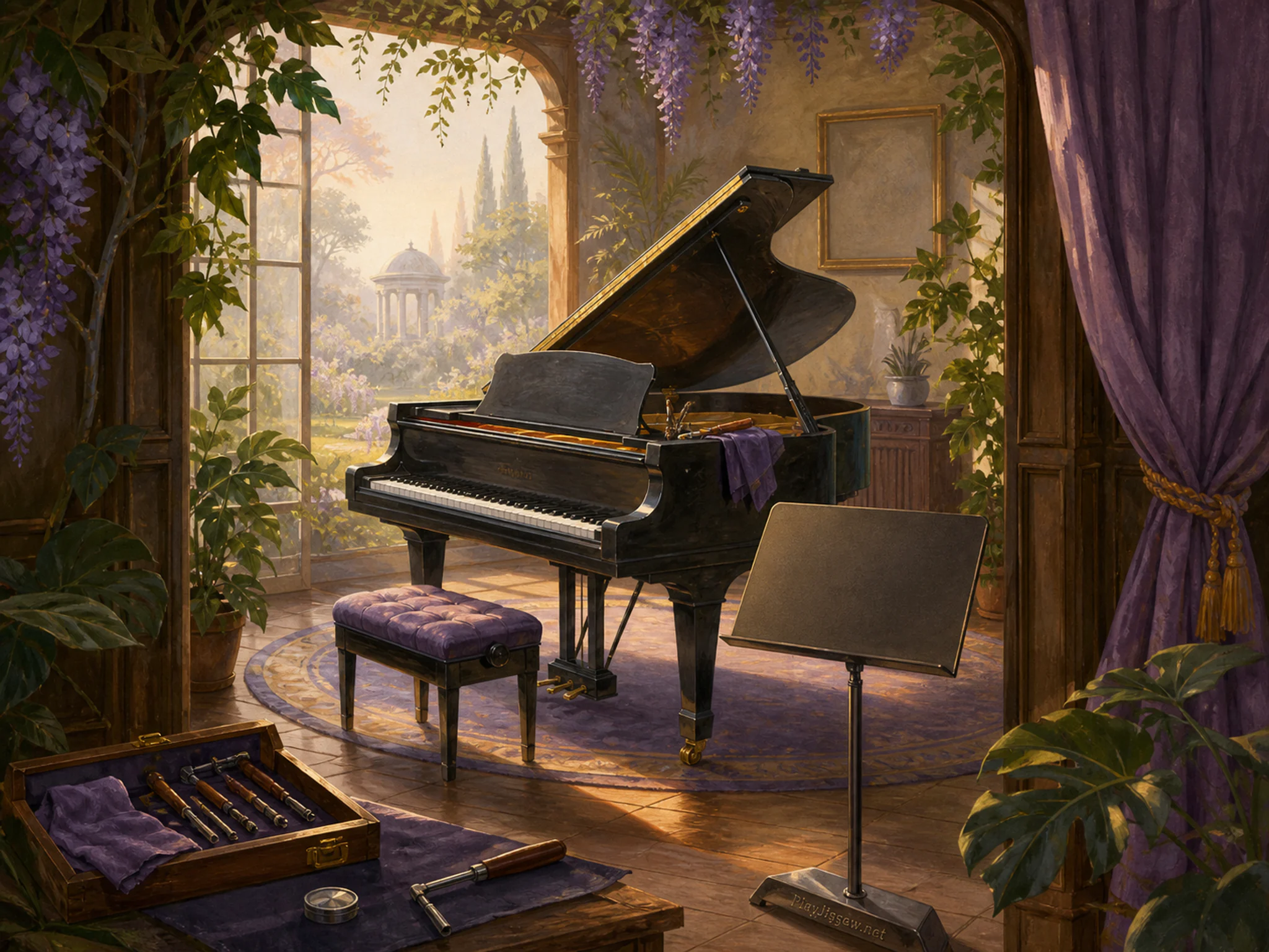 Garden Piano being tuned beside folded stage curtain in a warm keyboard studio, with layered scenery and calm misty dawn.