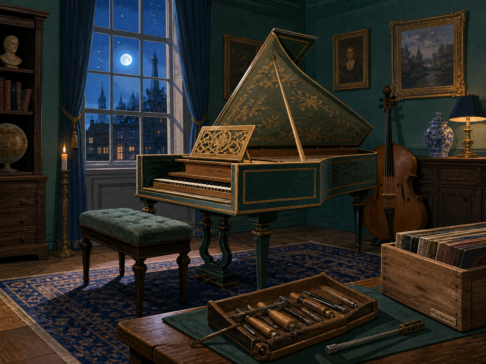 Harpsichord Room waiting near wooden tuning kit in a neatly lined instrument room, with layered scenery and cool blue-hour light.