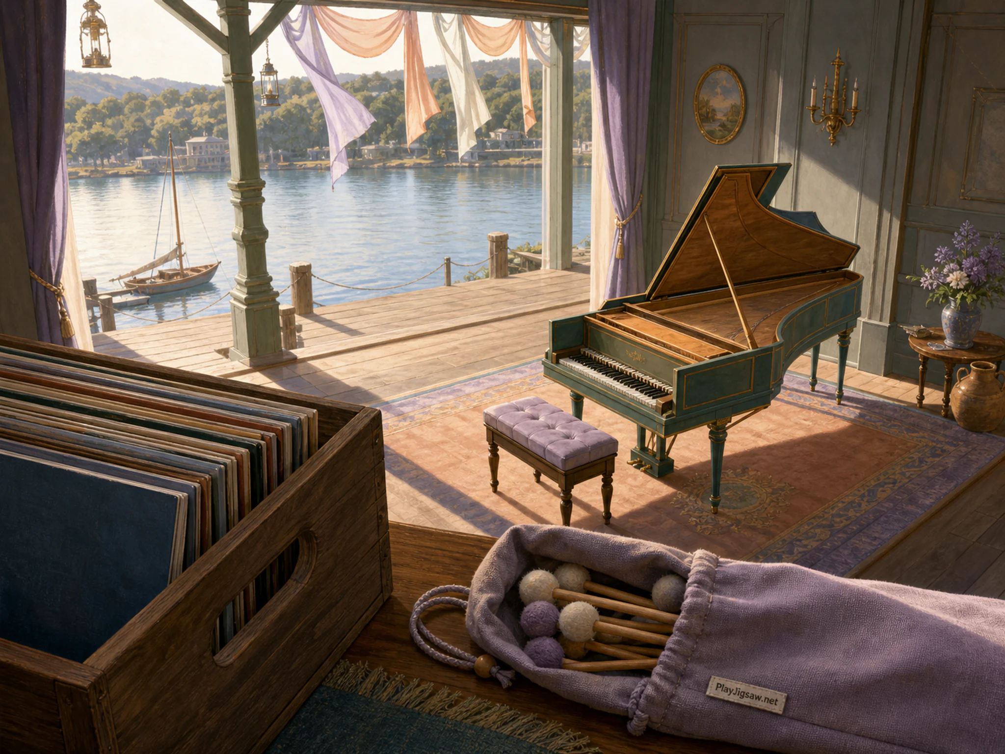 Harpsichord Room lit beneath walnut record crate in a waterside folk stage, with layered scenery and warm late-day sunlight.