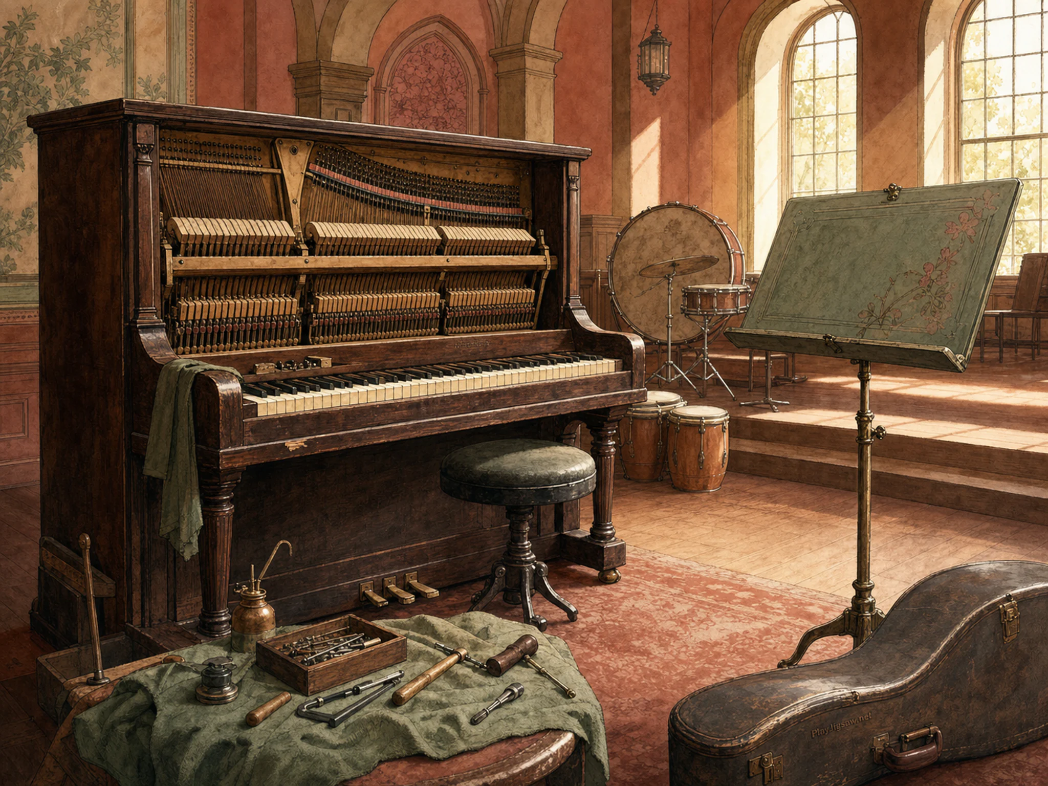 Jazz Upright being repaired on painted sheet-music stand without text in a resonant percussion hall, with layered scenery and clear early morning light.