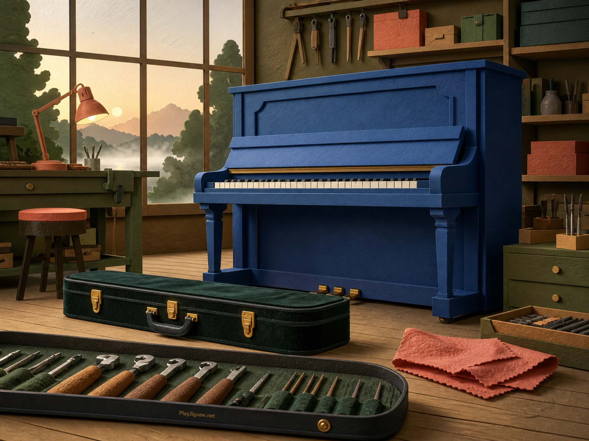 Jazz Upright arranged above velvet instrument case in a precise repair workshop, with layered scenery and calm misty dawn.