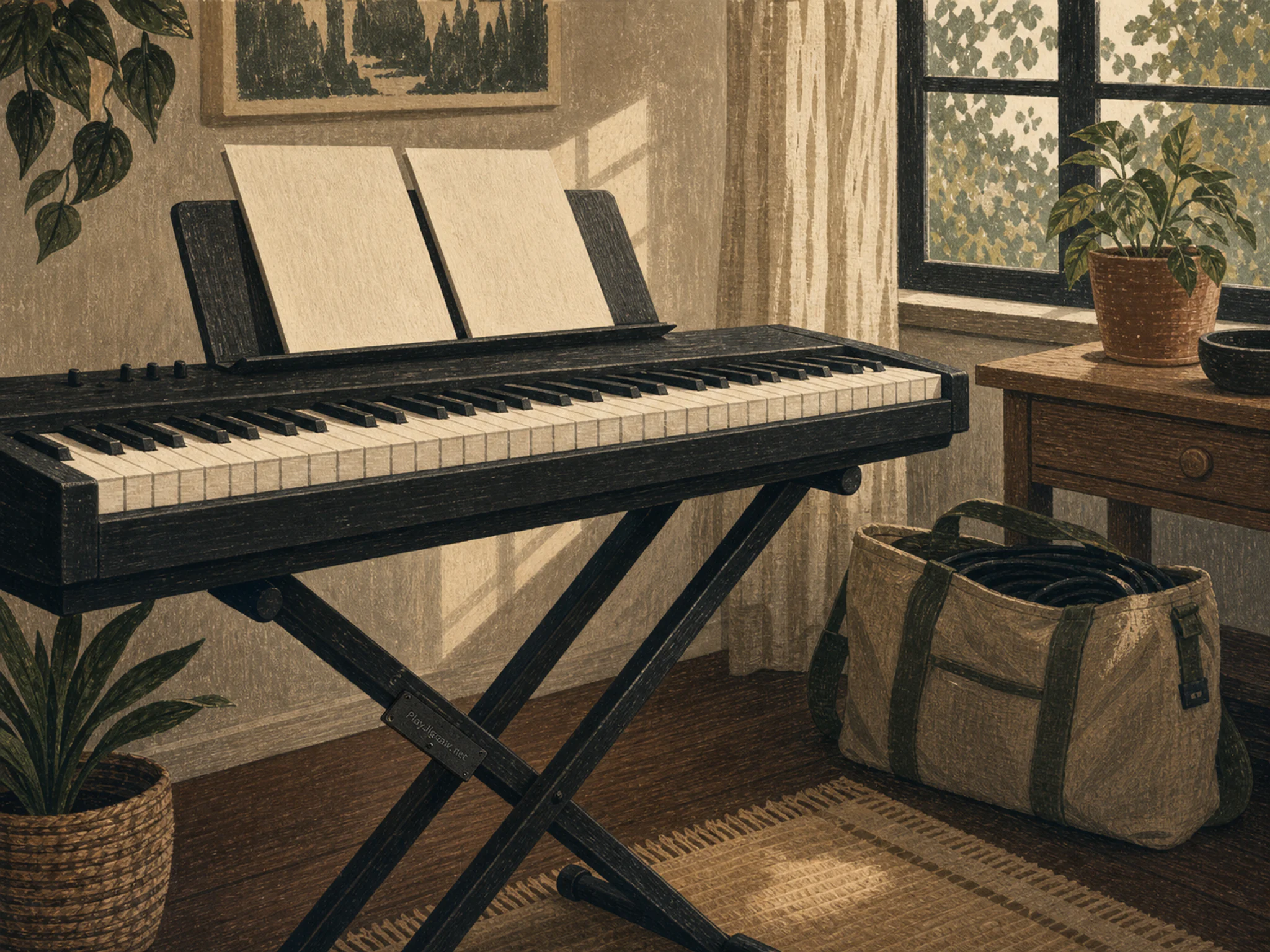 studio keyboard resting naturally beside a canvas cable bag in a home studio keyboard desk with blank music sheets, with familiar objects and warm late-day sunlight.