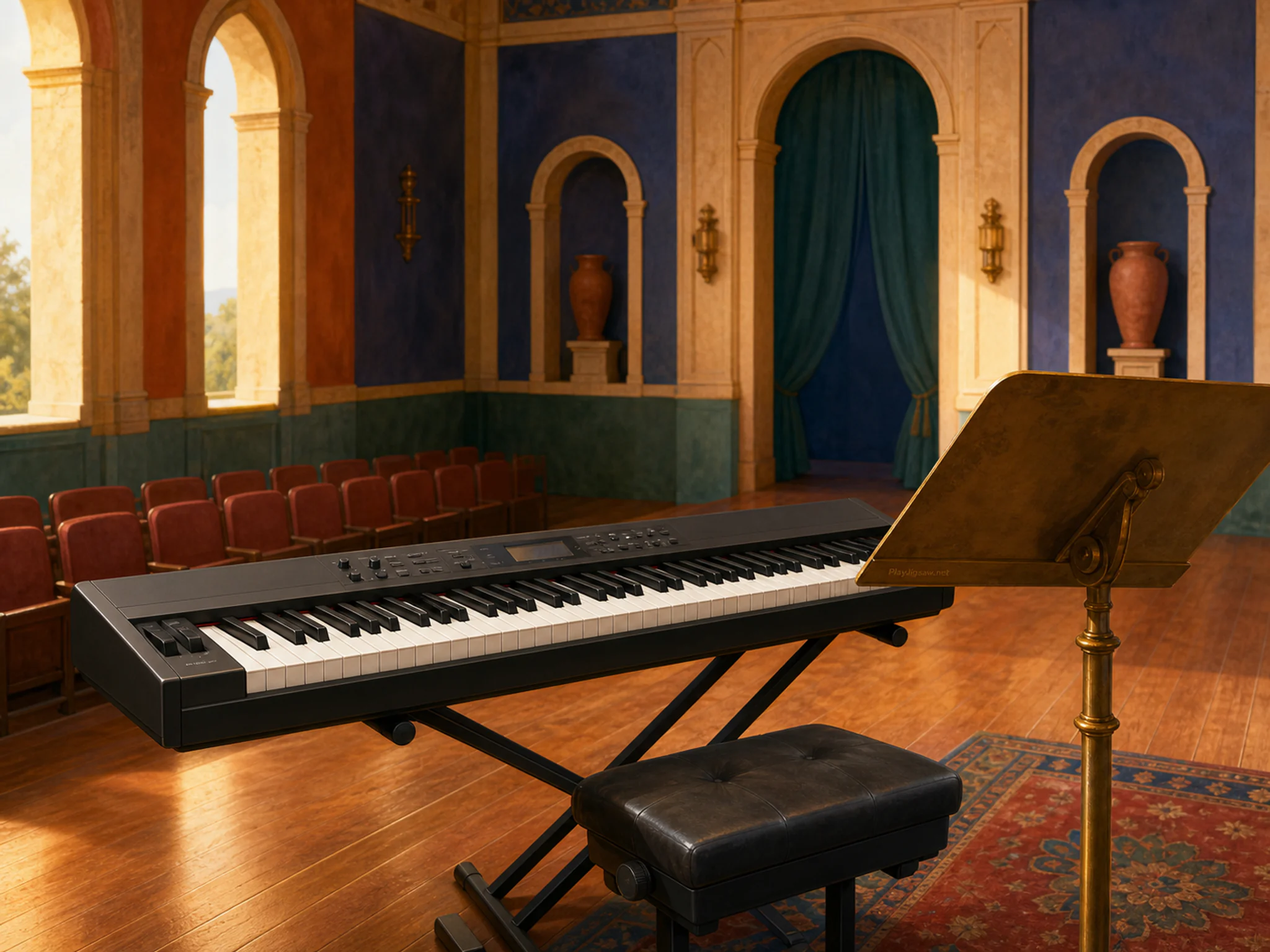 Studio Keyboard set for rehearsal near brass music stand in an empty performance venue, with layered scenery and warm late-day sunlight.