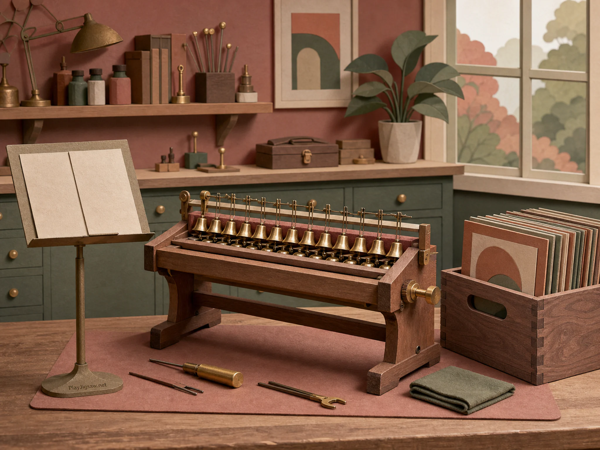 Bell Tone Bench being tuned beside walnut record crate in a precise repair workshop, with layered scenery and soft overcast afternoon.