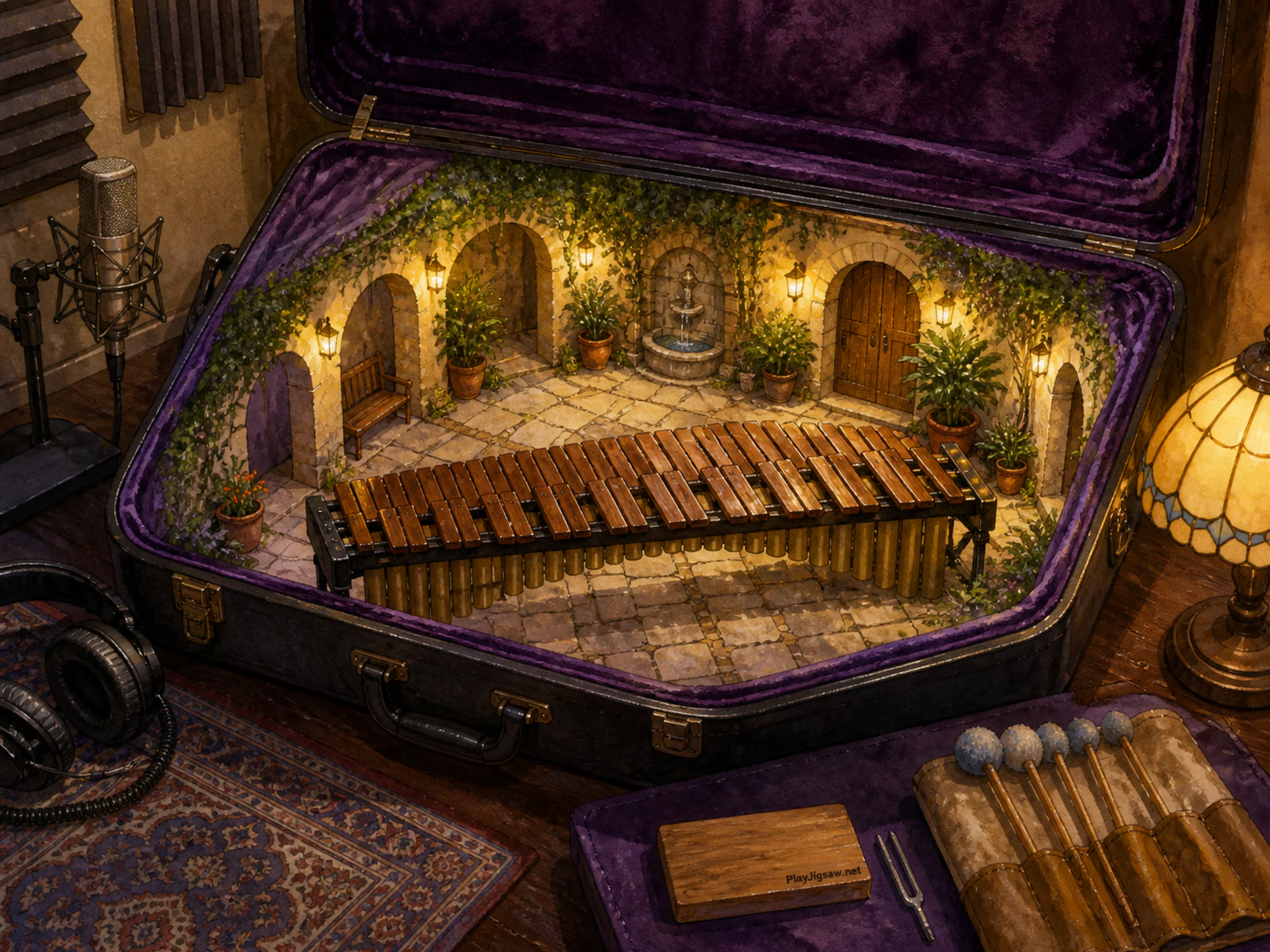 Marimba Courtyard lit beneath velvet instrument case in a compact recording booth, with layered scenery and golden lamplight at dusk.
