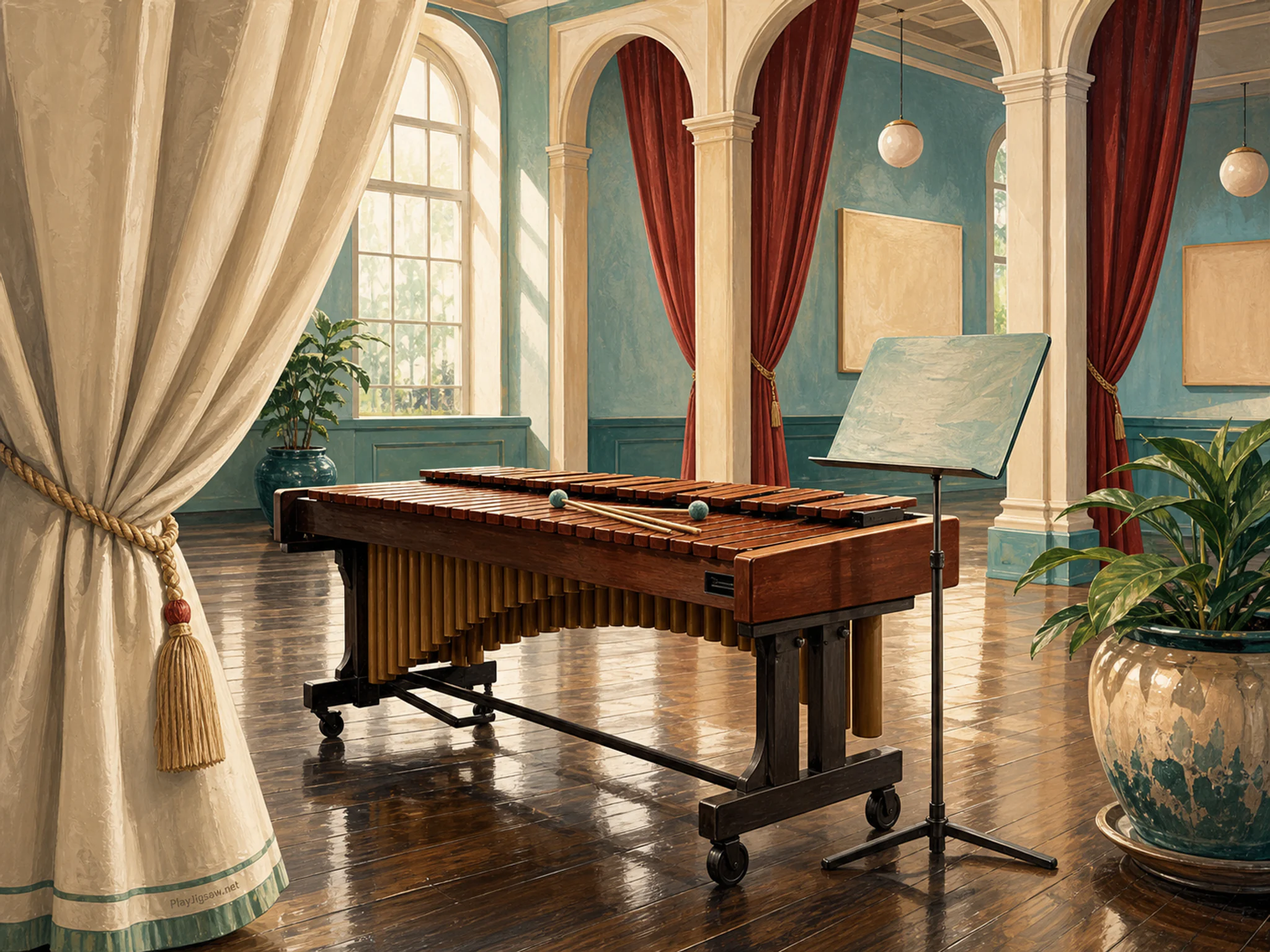 Marimba Courtyard waiting near painted sheet-music stand without text in a resonant percussion hall, with layered scenery and bright diffused window light.