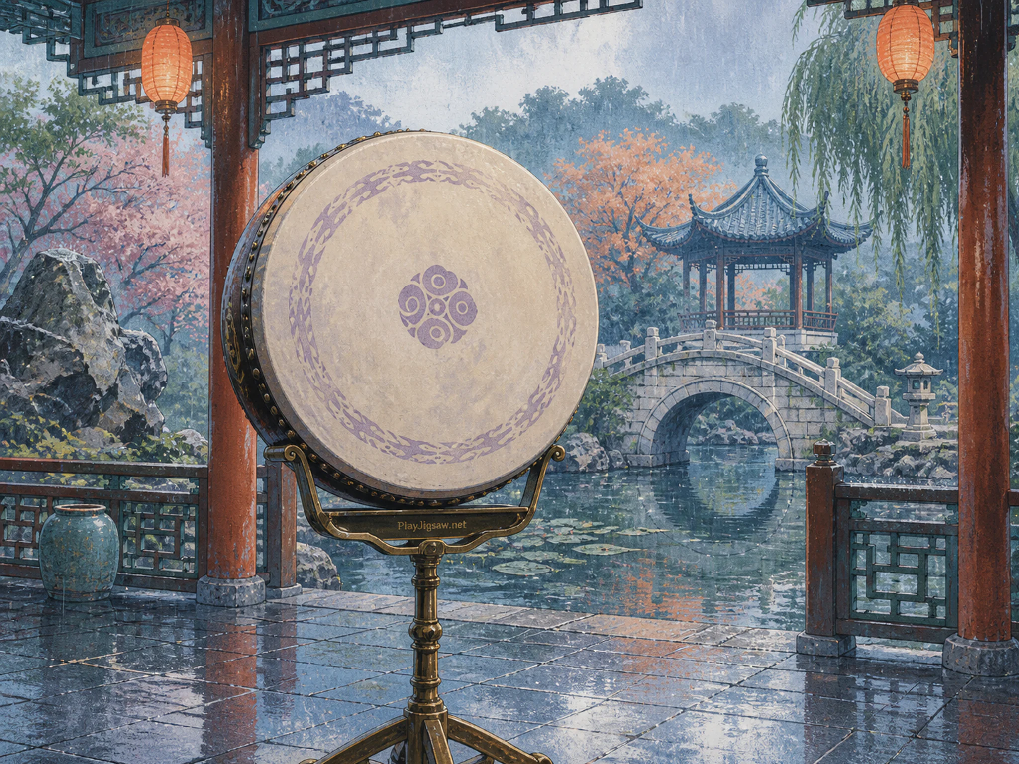 Moon Drum arranged above brass music stand in a garden performance pavilion, with layered scenery and gentle rain with crisp reflections.