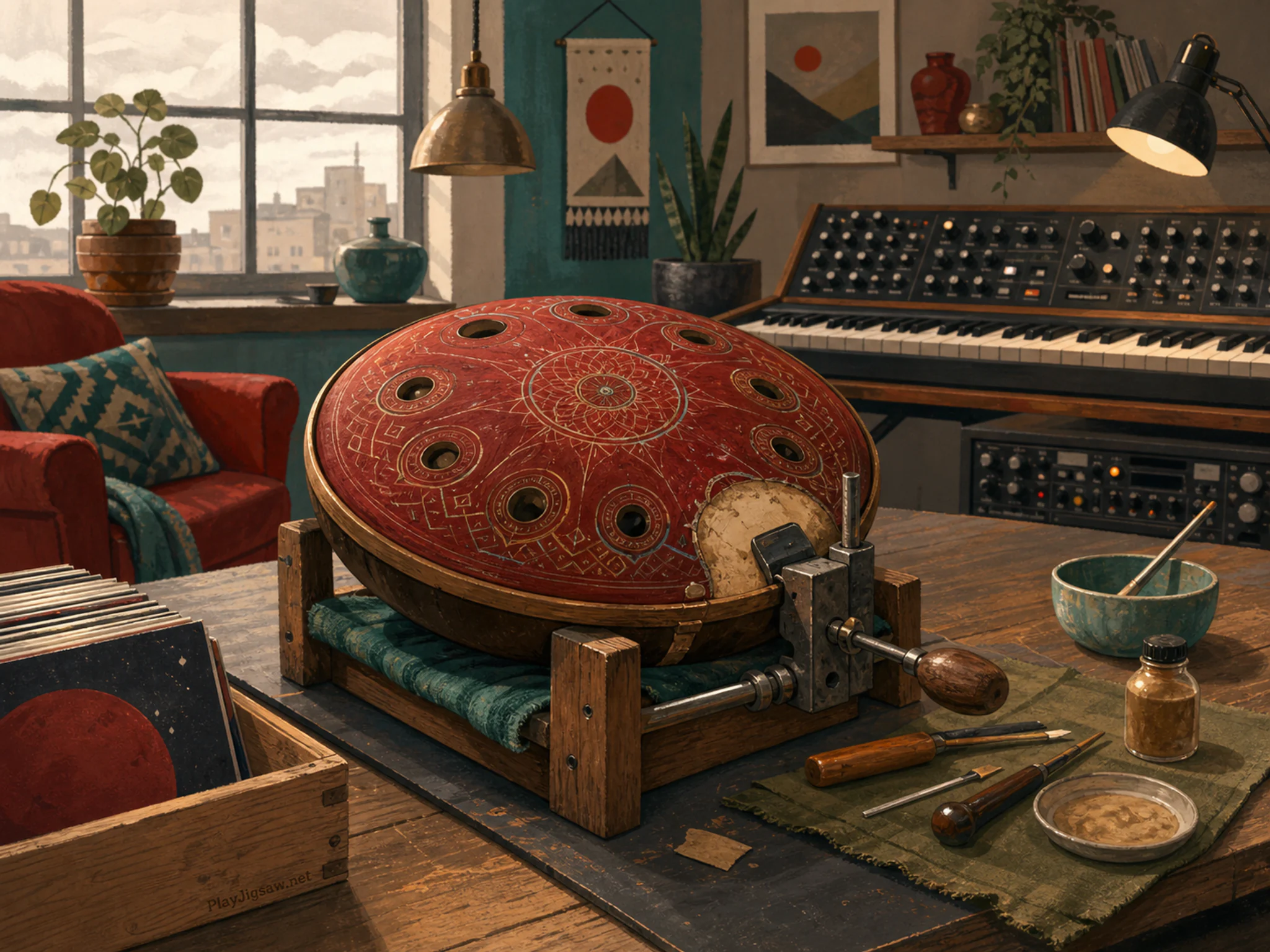 Moon Drum being repaired on small luthier clamp in a warm keyboard studio, with layered scenery and soft overcast afternoon.