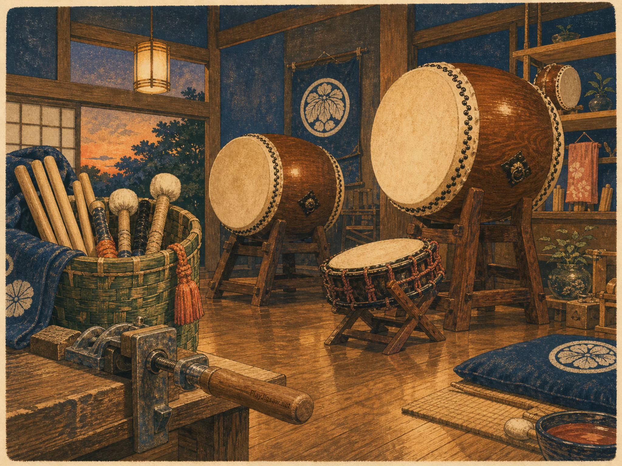Taiko Room set for rehearsal near woven mallet bag in a neatly lined instrument room, with layered scenery and golden lamplight at dusk.