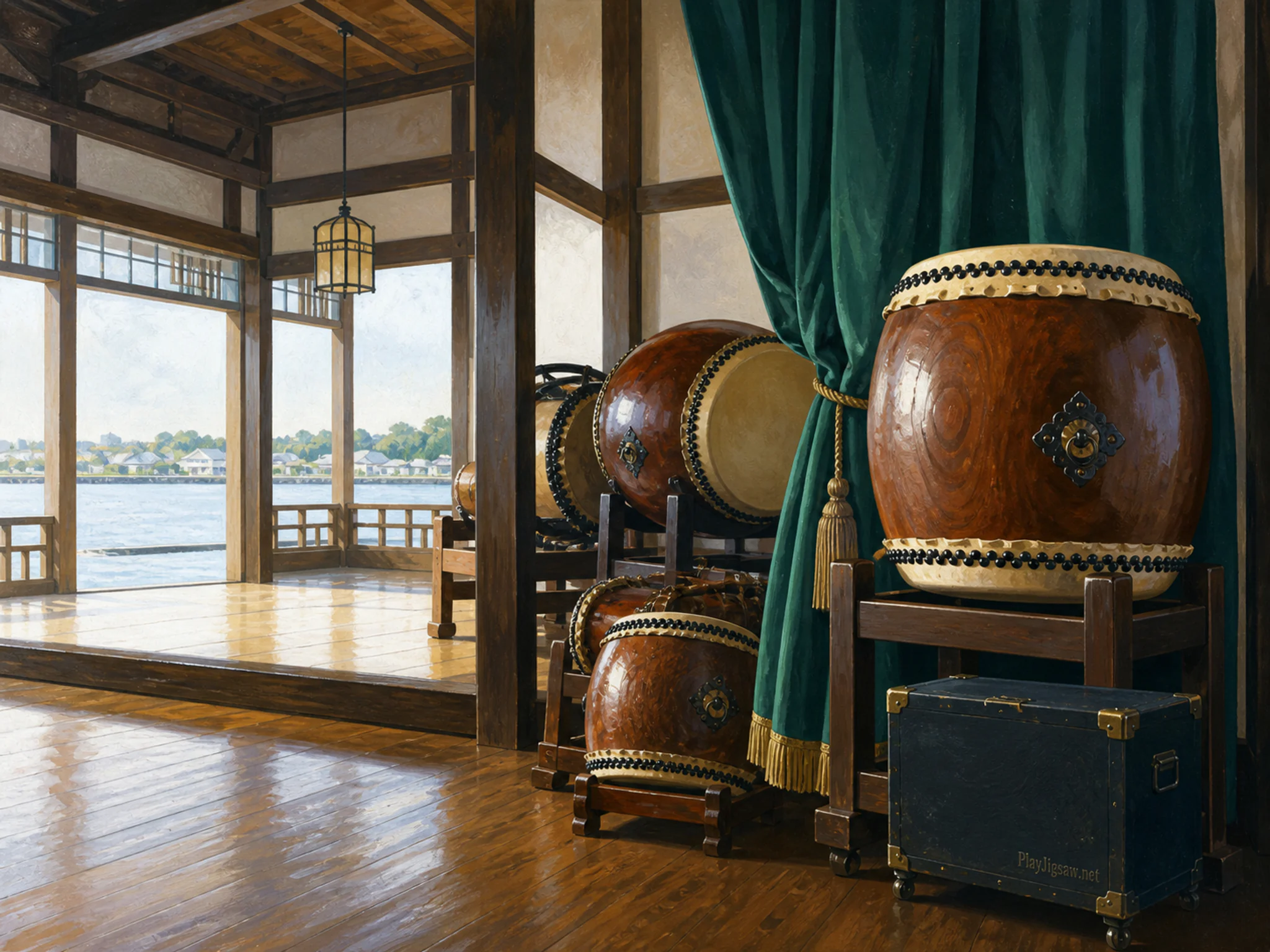Taiko Room resting beside folded stage curtain in a waterside folk stage, with layered scenery and bright diffused window light.