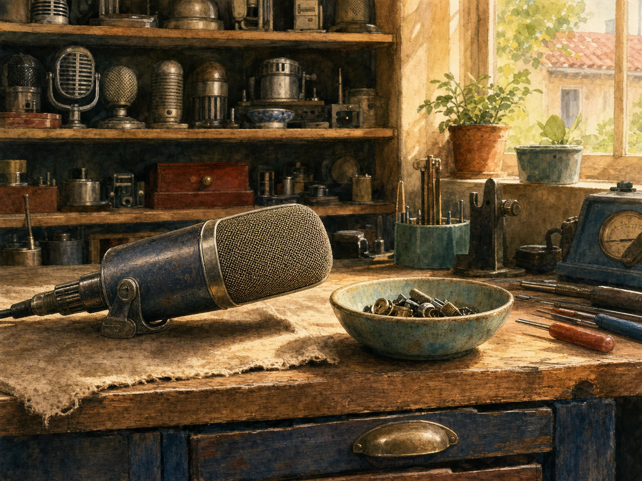 microphone workshop resting naturally beside a small parts bowl in a neighborhood radio-and-microphone repair workshop, with familiar objects and golden kitchen-window light.