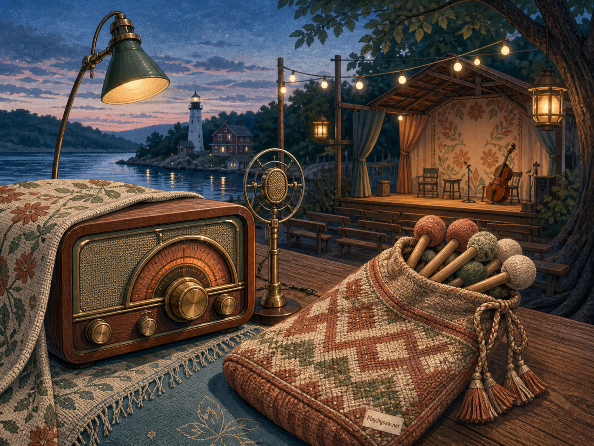Radio Theater Table being tuned beside woven mallet bag in a waterside folk stage, with layered scenery and cool blue-hour light.