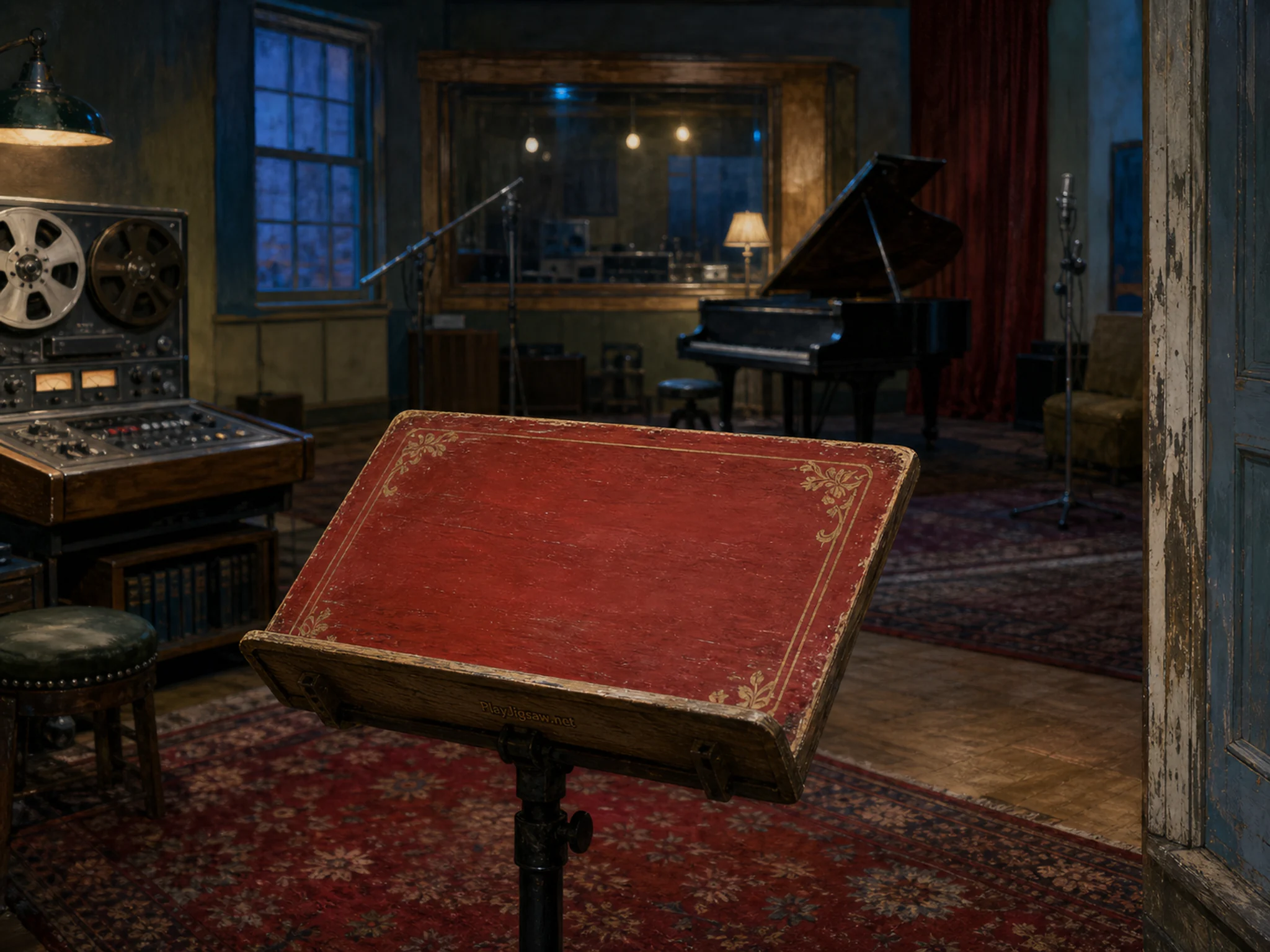 Tape Studio arranged above painted sheet-music stand without text in an empty performance venue, with layered scenery and cool blue-hour light.