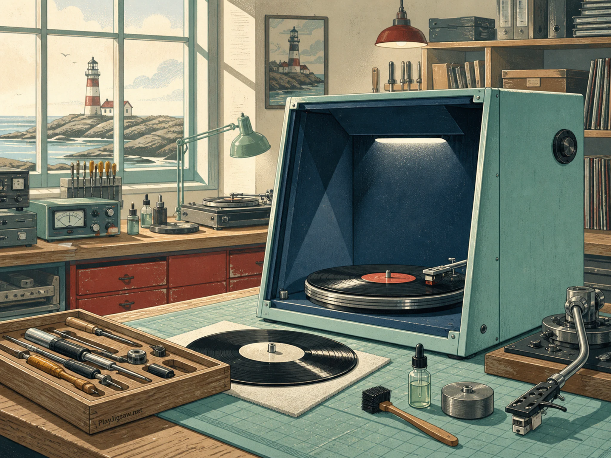 Vinyl Booth lit beneath wooden tuning kit in a precise repair workshop, with layered scenery and clear early morning light.