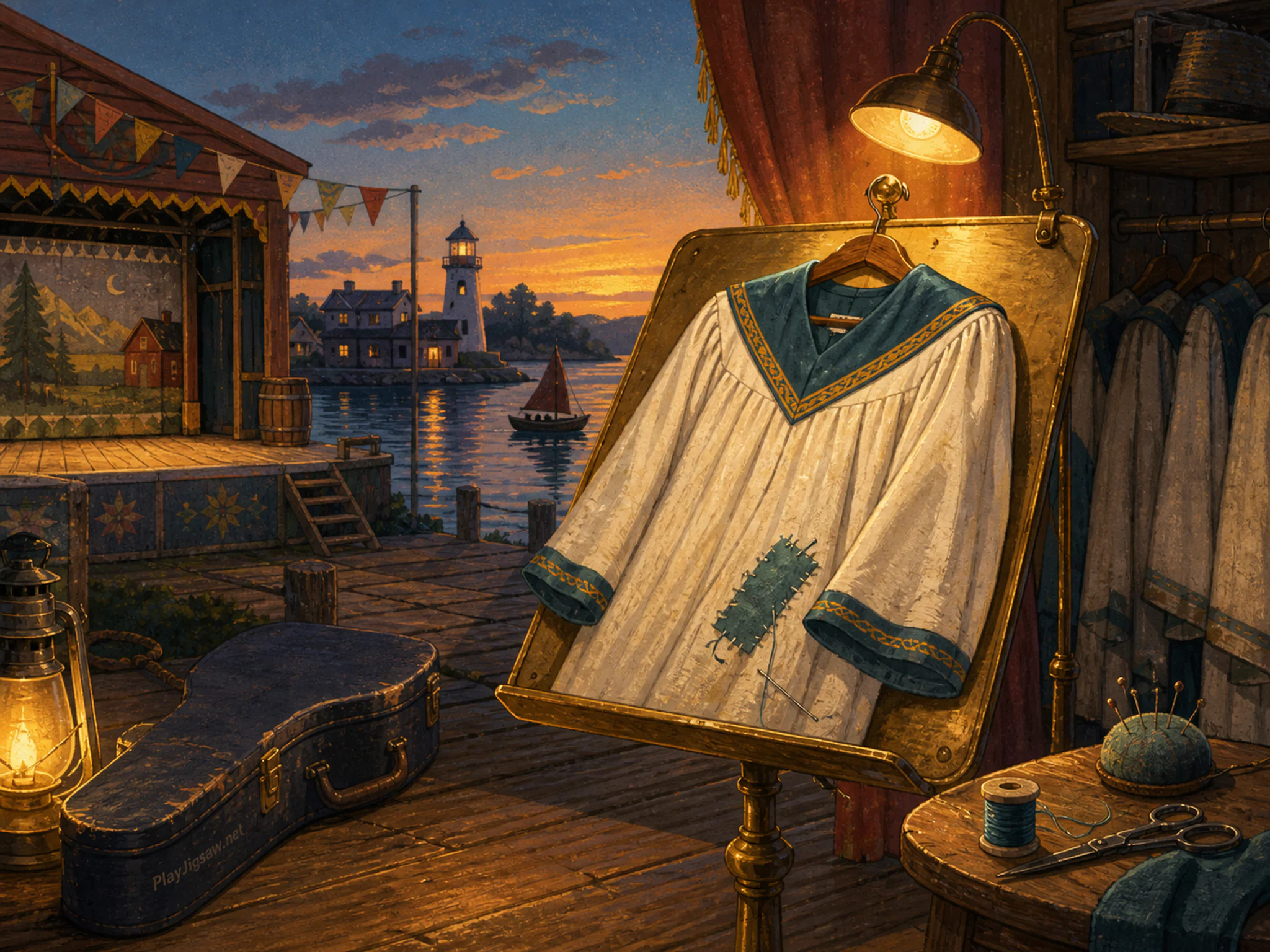 Choir Robe Room being repaired on brass music stand in a waterside folk stage, with layered scenery and golden lamplight at dusk.