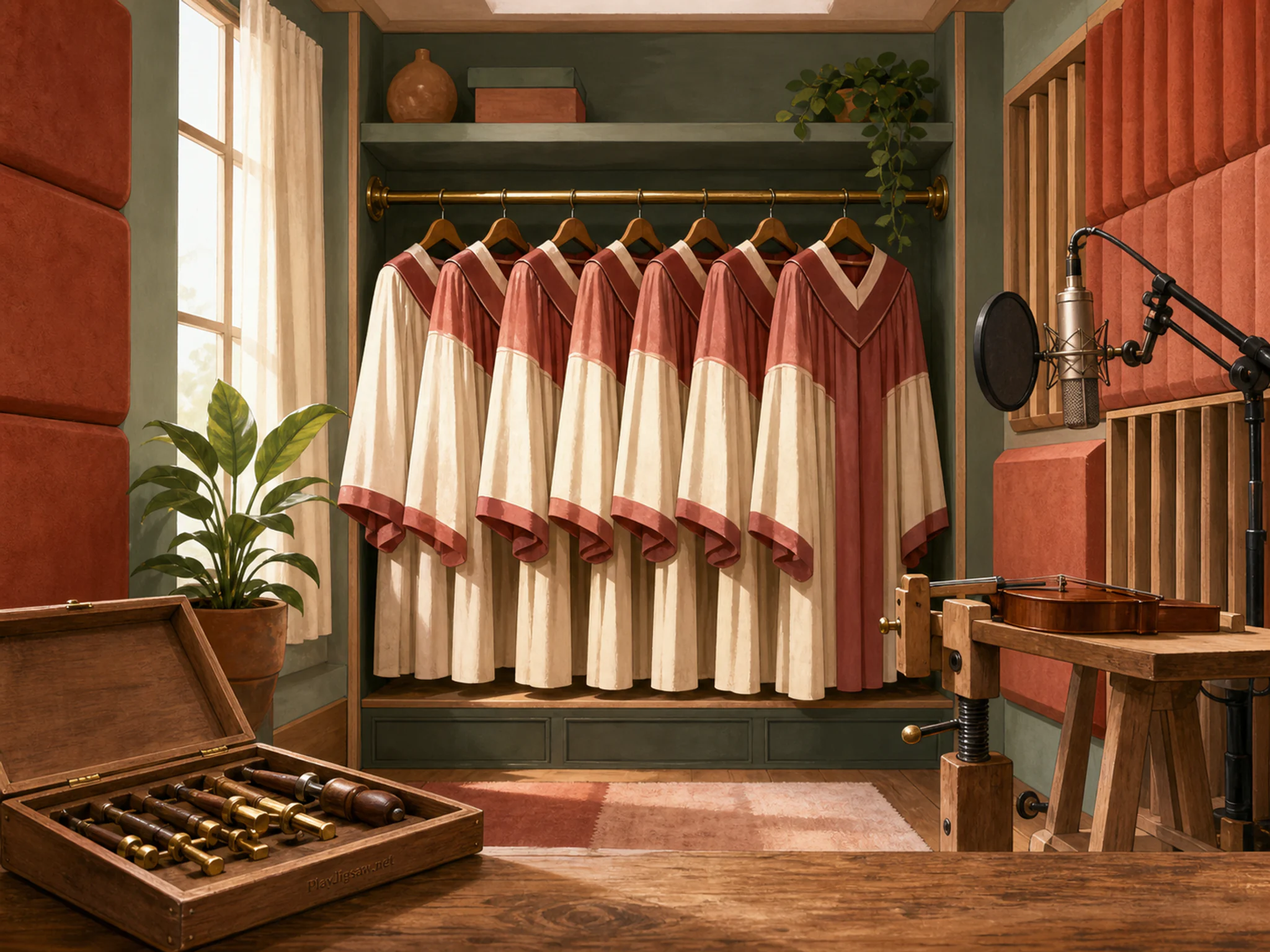 Choir Robe Room arranged above small luthier clamp in a compact recording booth, with layered scenery and bright diffused window light.