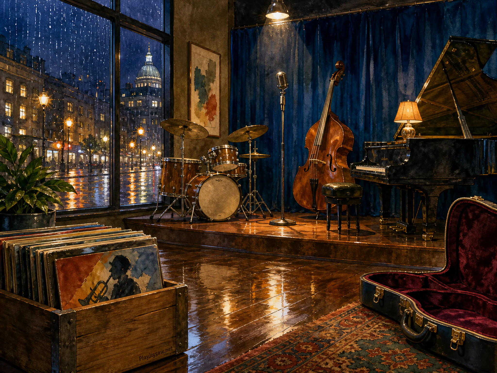 Empty Jazz Stage waiting near velvet instrument case in a warm keyboard studio, with layered scenery and gentle rain with crisp reflections.