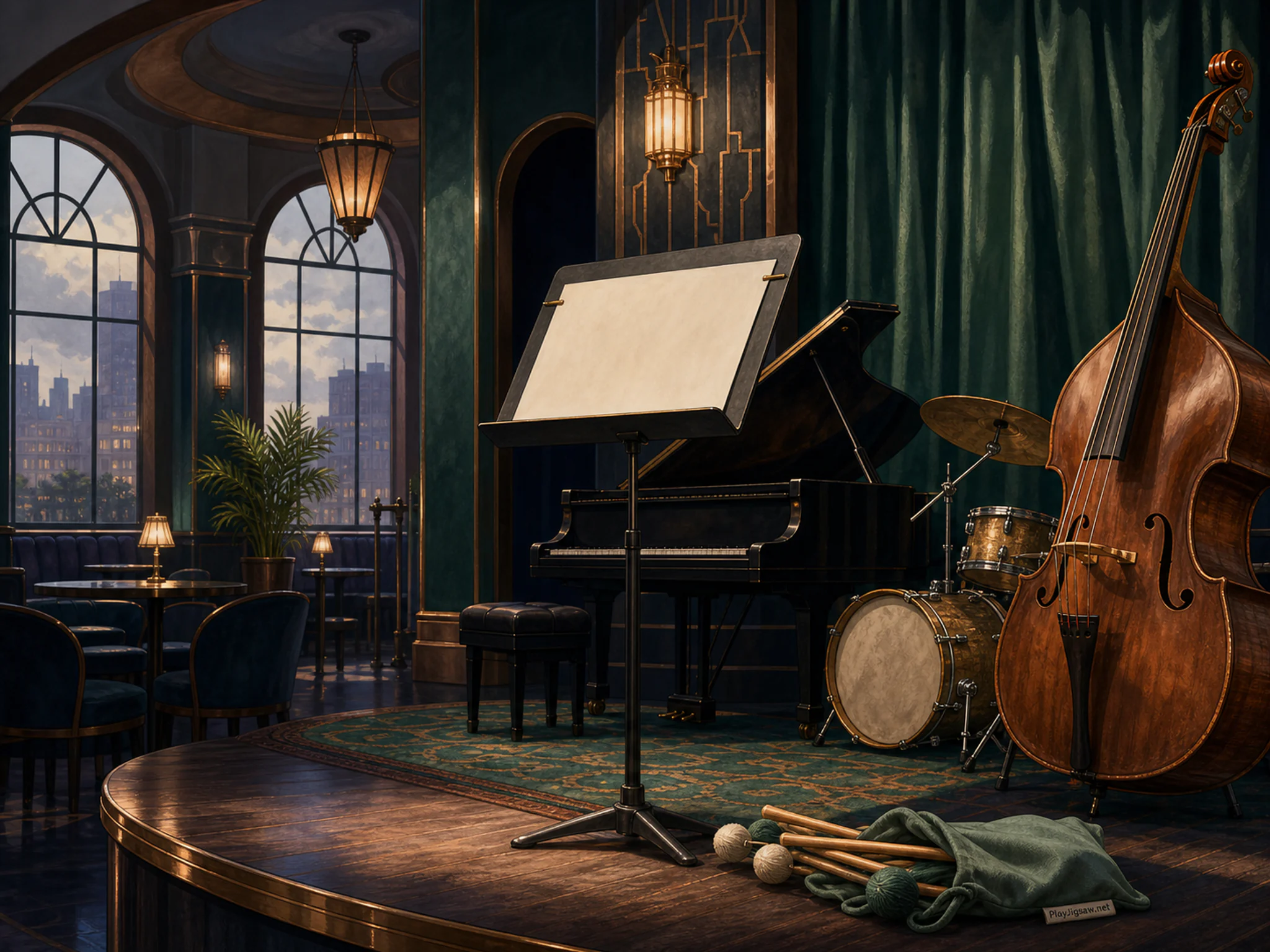 Empty Jazz Stage lit beneath painted sheet-music stand without text in an empty performance venue, with layered scenery and soft overcast afternoon.