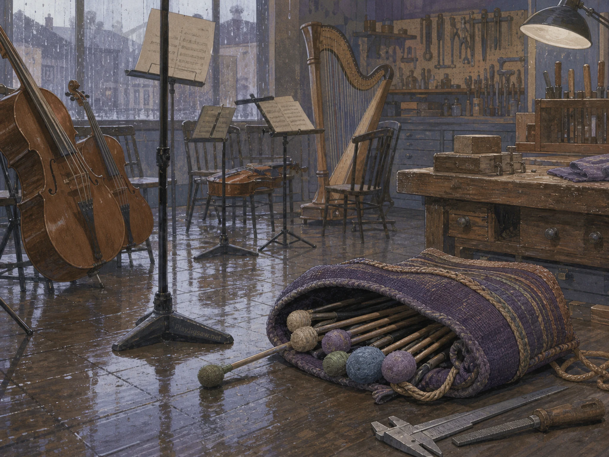 Orchestra Rehearsal resting beside woven mallet bag in a precise repair workshop, with layered scenery and gentle rain with crisp reflections.