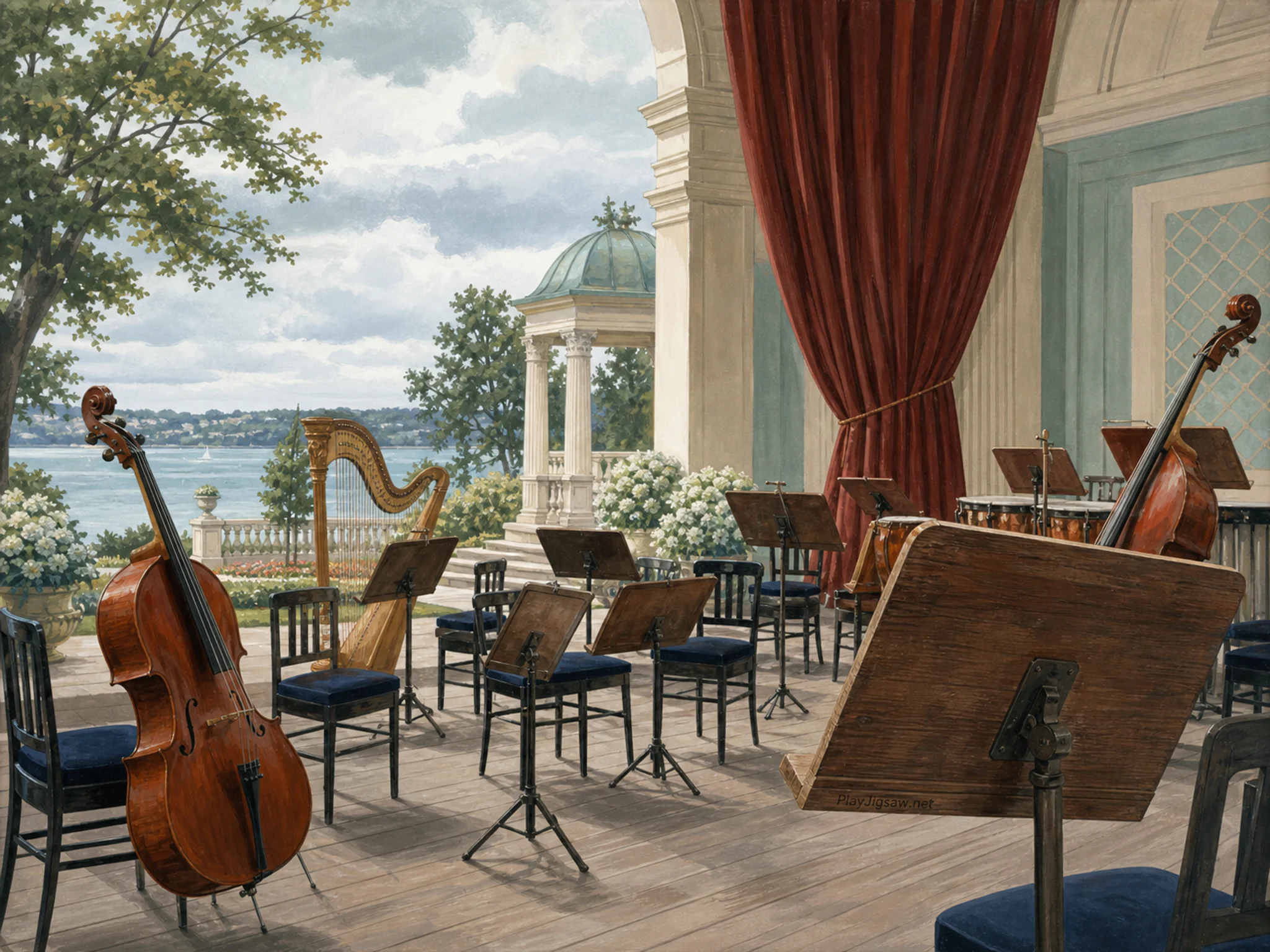Orchestra Rehearsal set for rehearsal near folded stage curtain in a garden performance pavilion, with layered scenery and soft overcast afternoon.