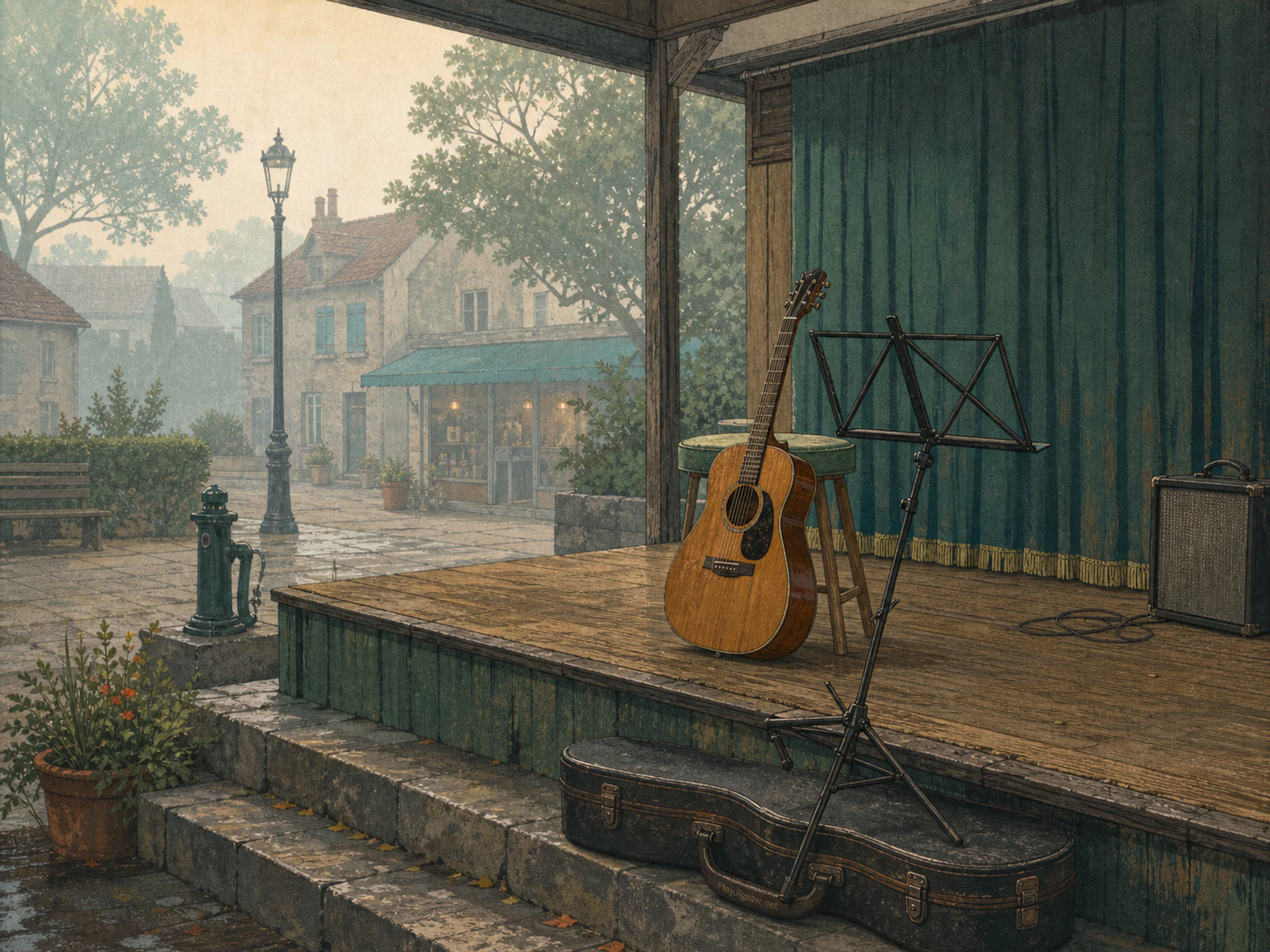 street stage resting naturally beside a folded music stand without sheets in a community-hall stage after rehearsal with no performers, with familiar objects and calm misty dawn.