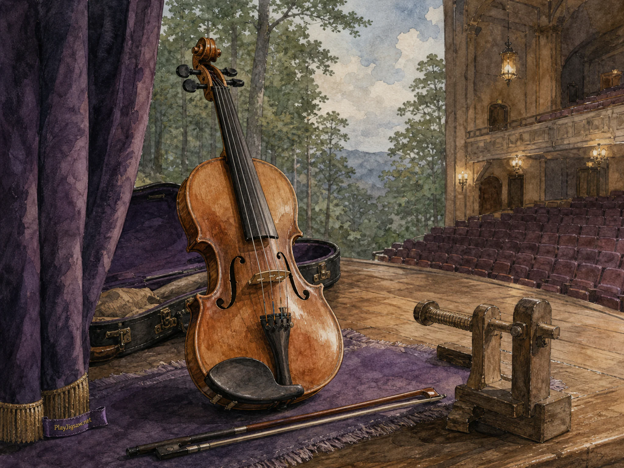 Forest Violin recording beside small luthier clamp in an empty performance venue, with layered scenery and soft overcast afternoon.