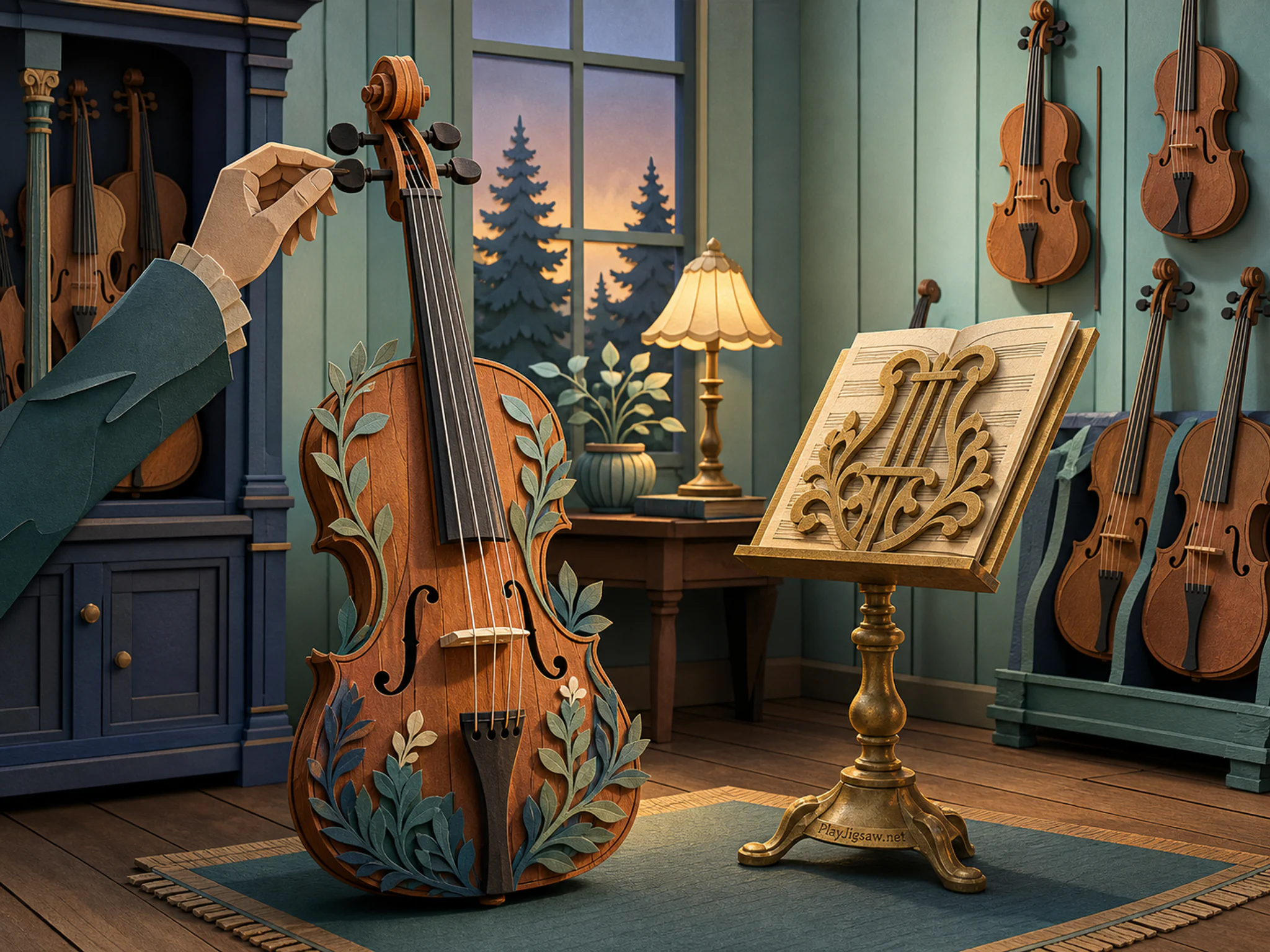 Forest Violin being tuned beside brass music stand in a neatly lined instrument room, with layered scenery and golden lamplight at dusk.