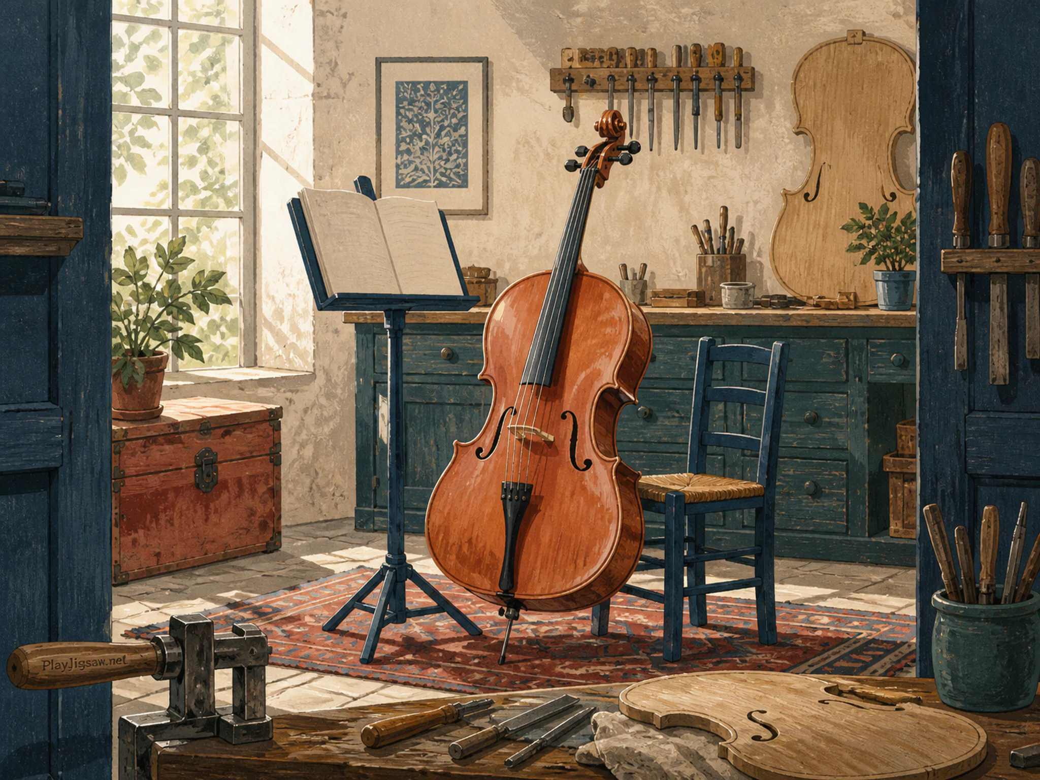 Garden Cello set for rehearsal near painted sheet-music stand without text in a precise repair workshop, with layered scenery and bright diffused window light.