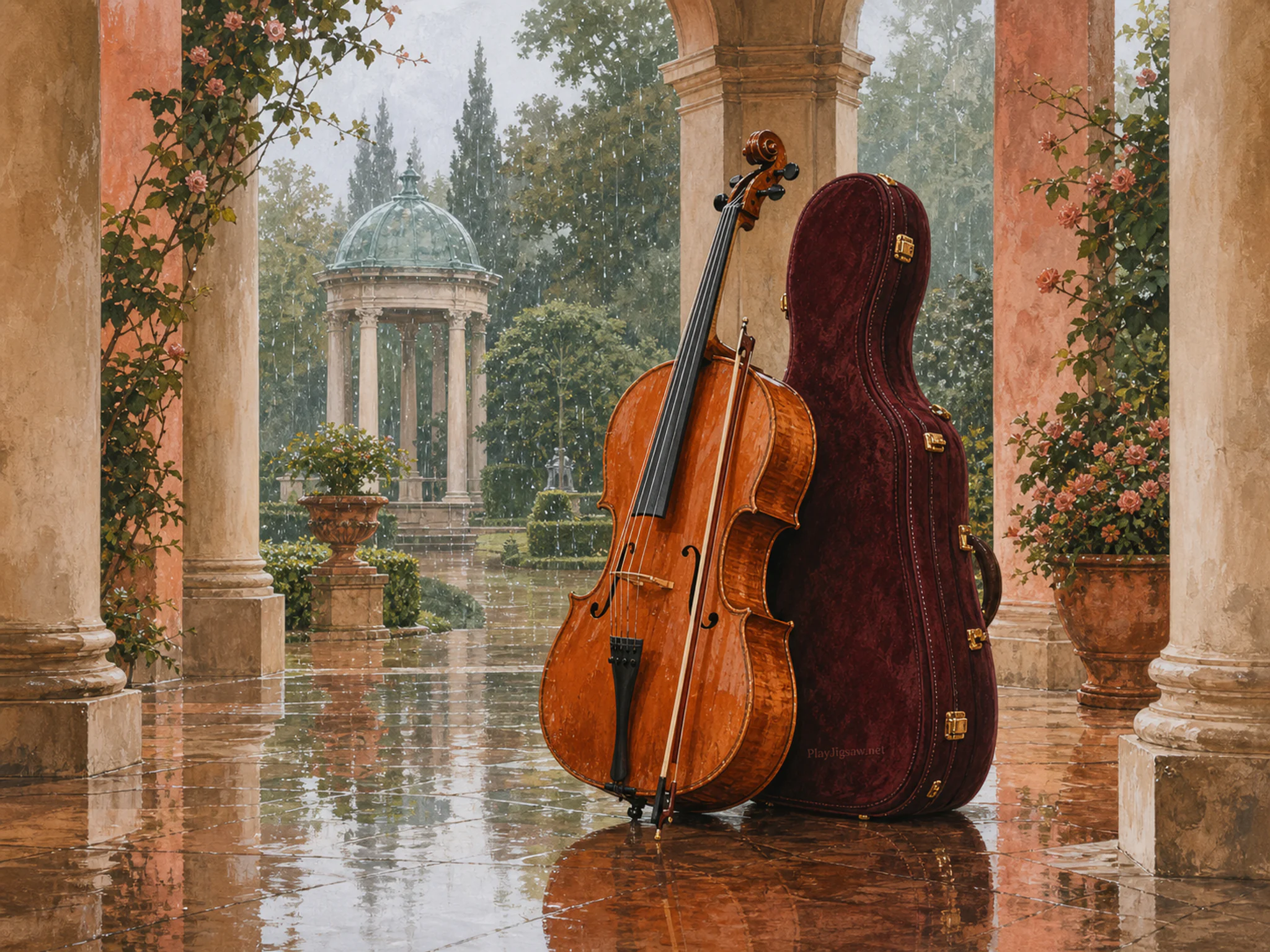 Garden Cello resting beside velvet instrument case in a garden performance pavilion, with layered scenery and gentle rain with crisp reflections.