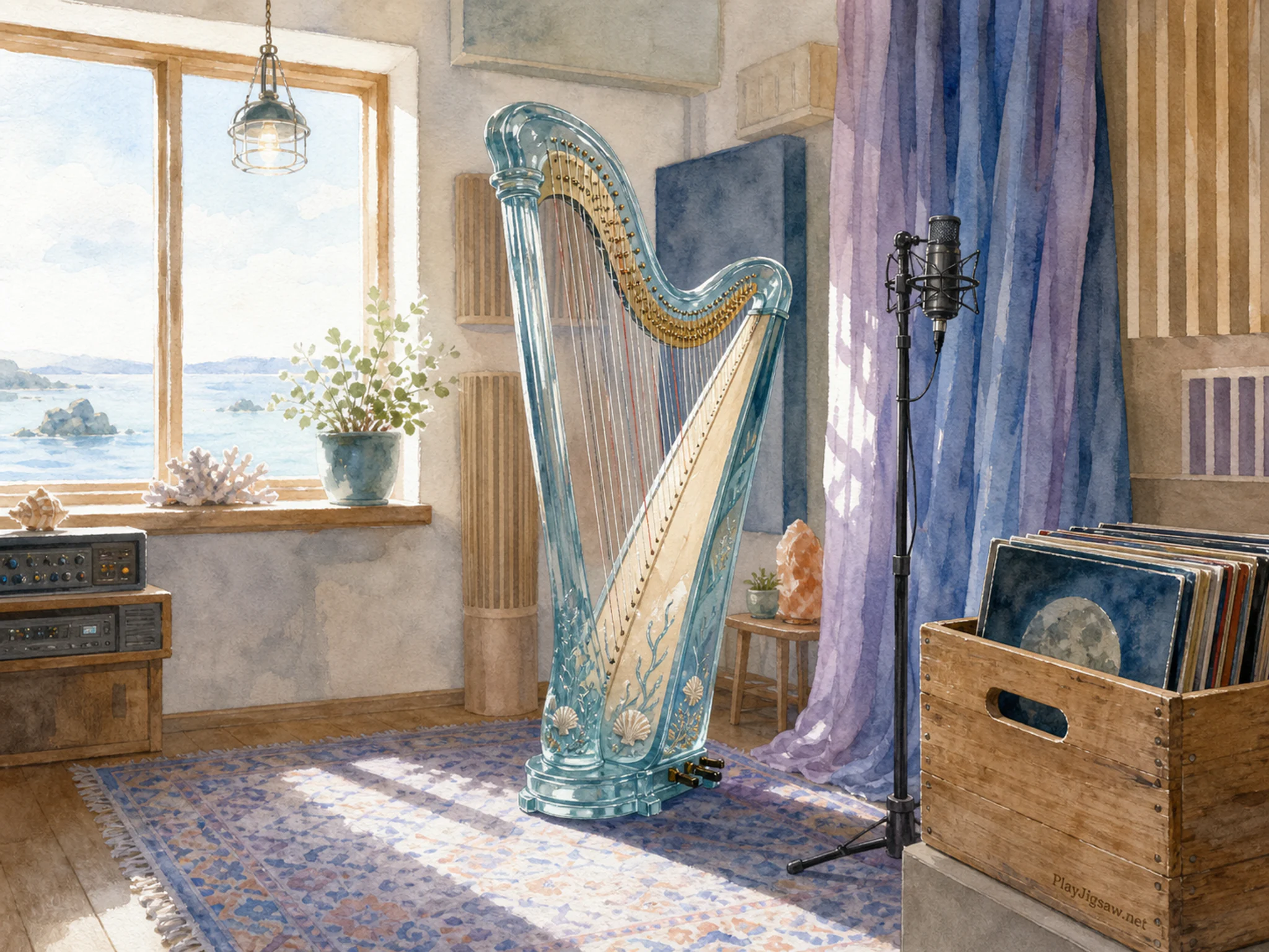 Sea Pavilion Harp waiting near folded stage curtain in a compact recording booth, with layered scenery and bright diffused window light.
