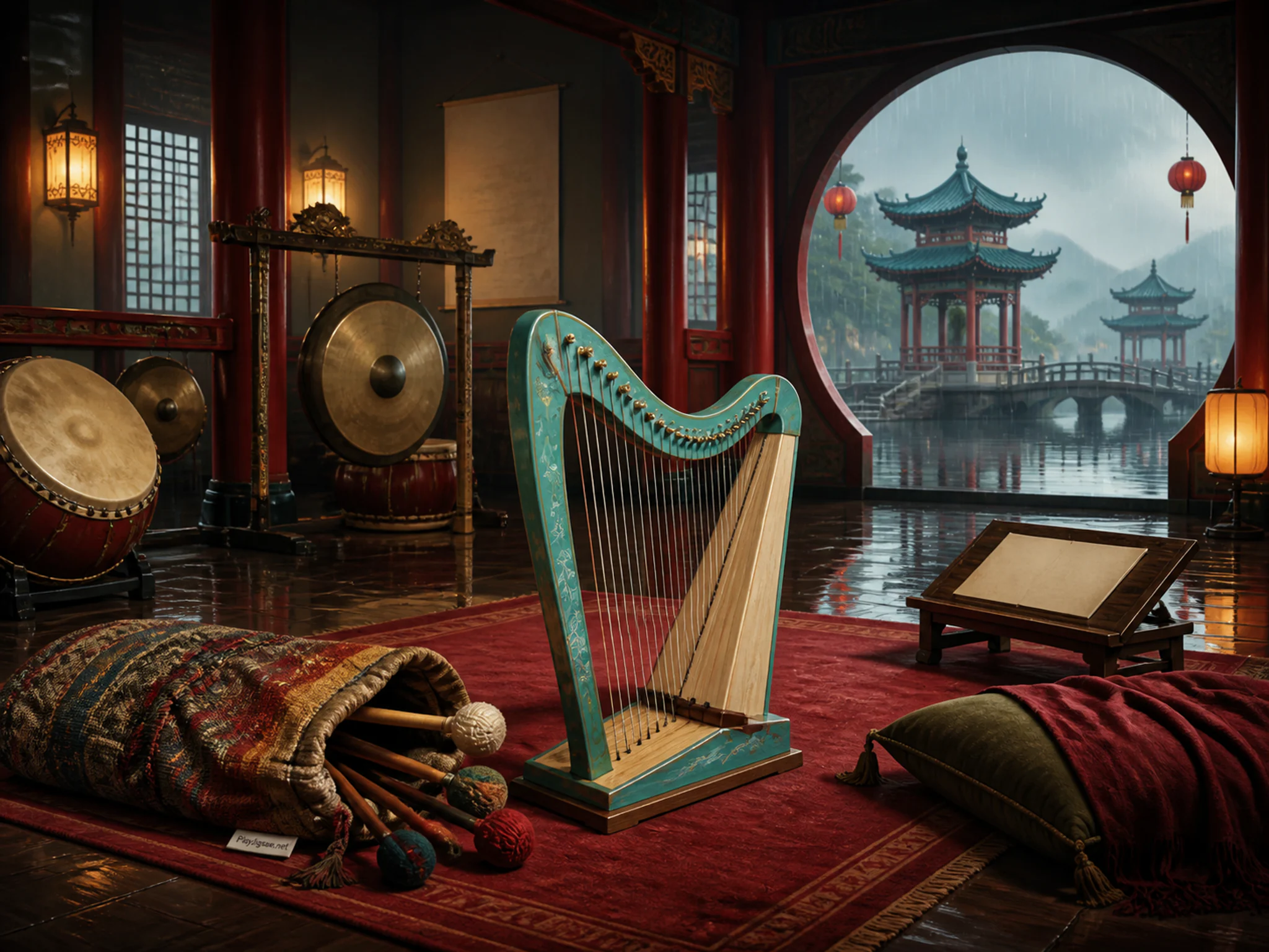 Sea Pavilion Harp lit beneath woven mallet bag in a resonant percussion hall, with layered scenery and gentle rain with crisp reflections.