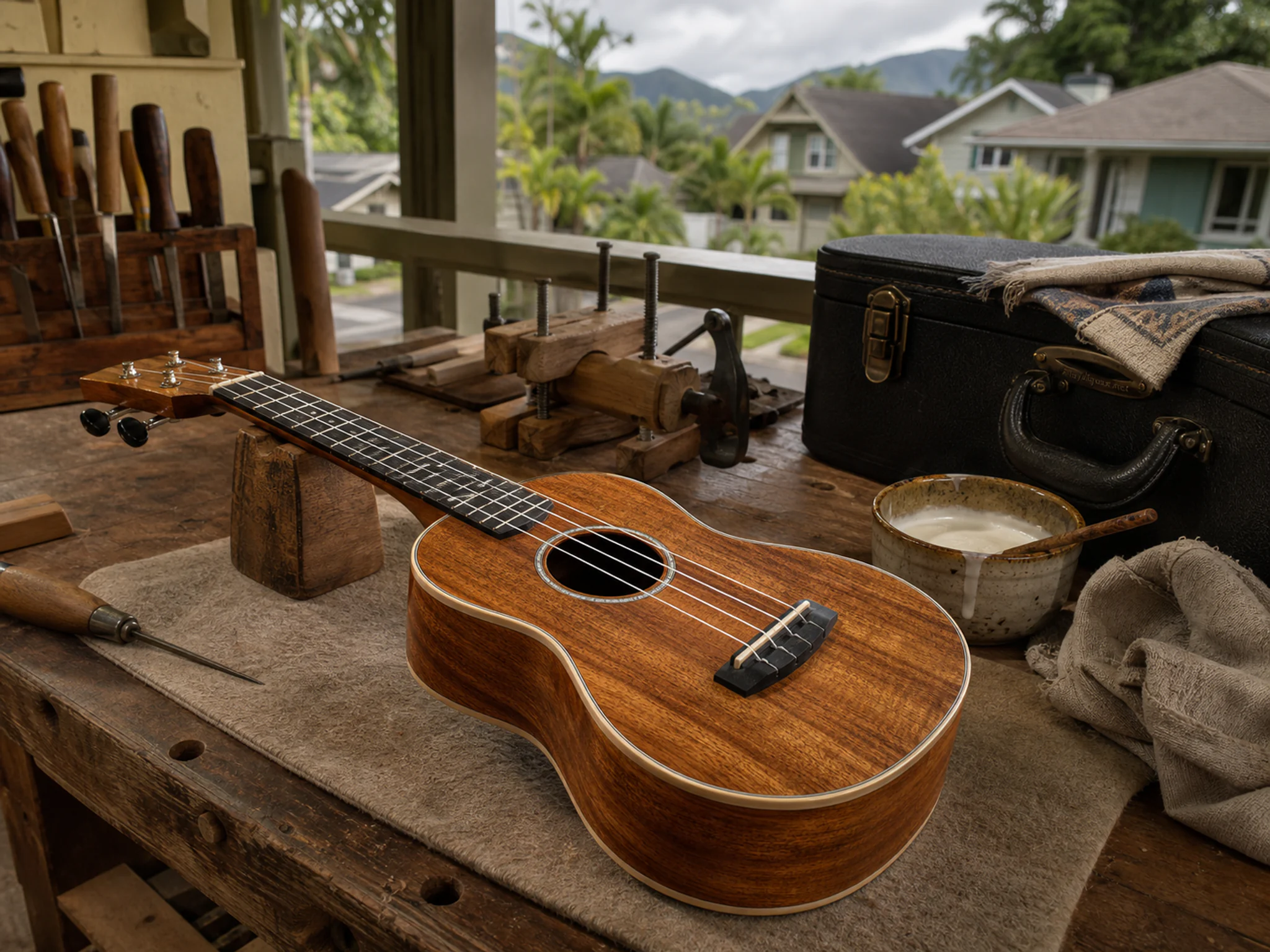 workshop ukulele resting naturally beside a ceramic glue bowl in a luthier workbench with a familiar ukulele and clamps, with familiar objects and soft overcast afternoon.