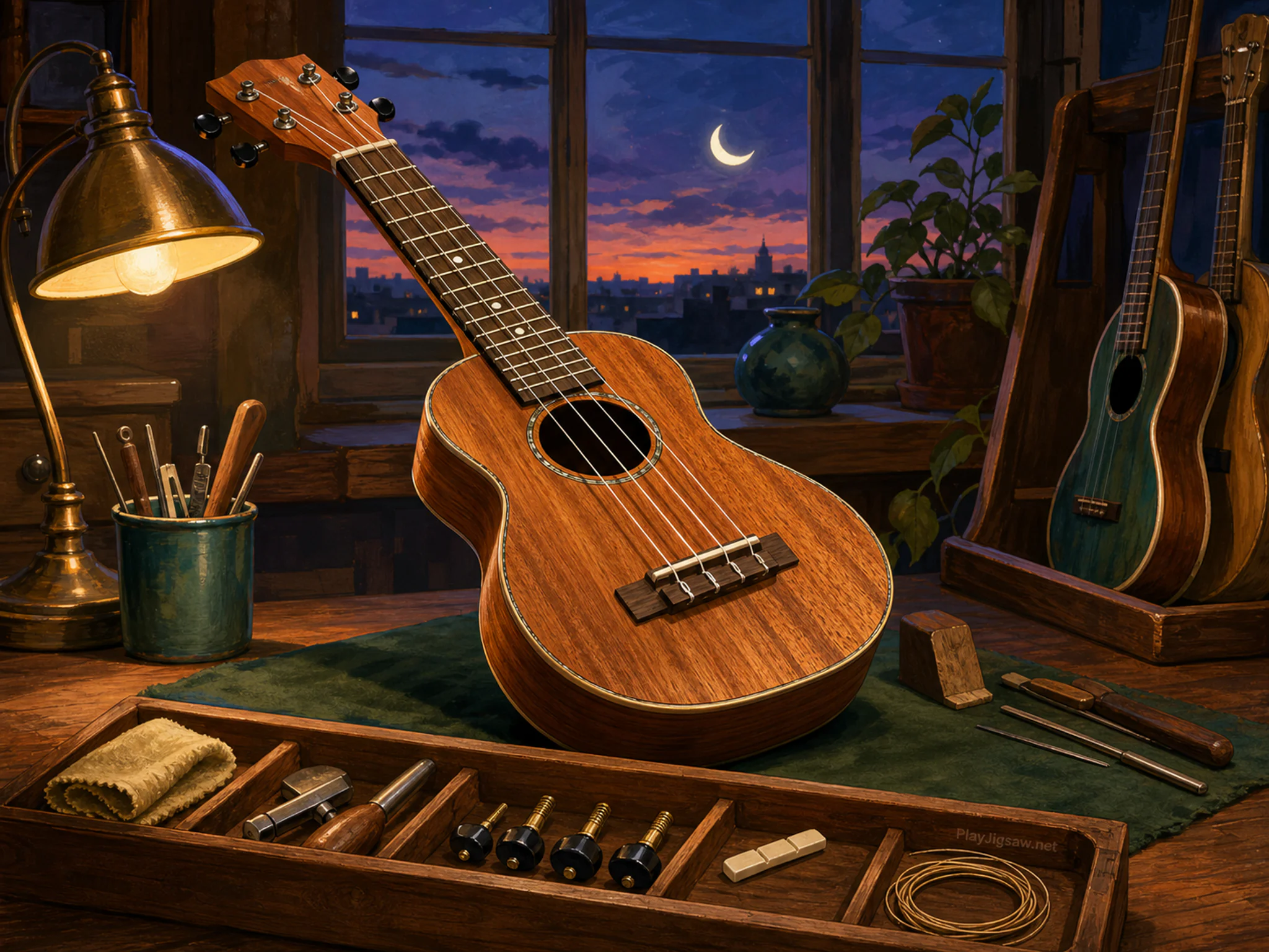 Workshop Ukulele arranged above wooden tuning kit in a warm keyboard studio, with layered scenery and golden lamplight at dusk.