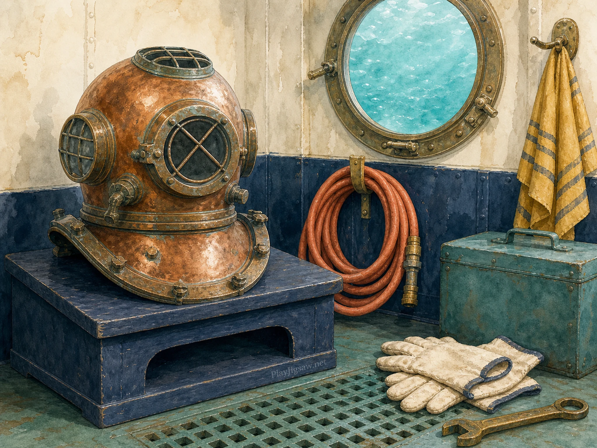 A harbor equipment room with an antique copper diving helmet on a navy stand, aqua porthole, coral air hose, cream gloves, teal box, brass wrench, mustard towel, and a PlayJigsaw.net stand engraving, rendered in maritime watercolor.