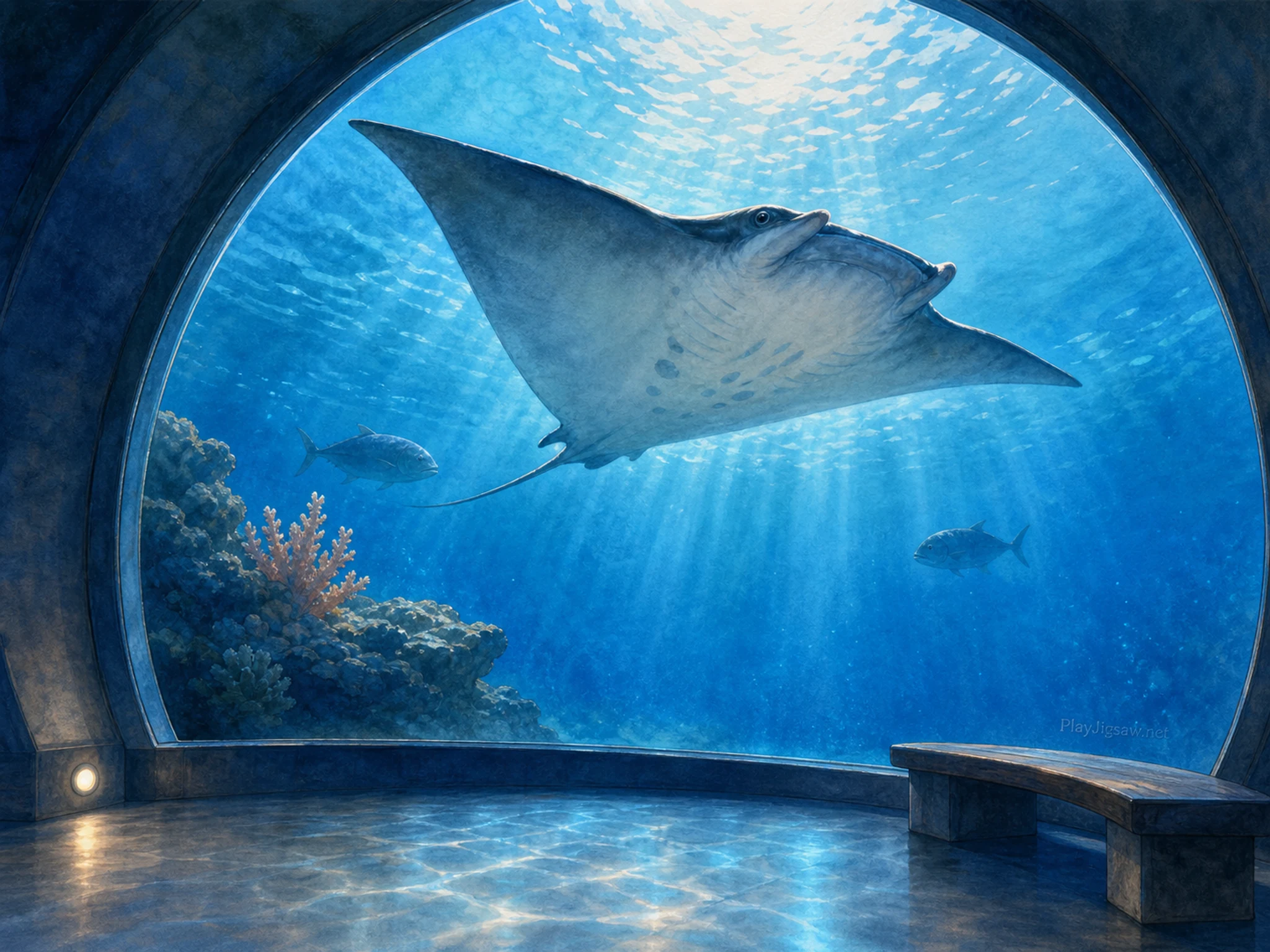 A calm aquarium tunnel with a manta ray overhead, curved glass, sandy floor, small coral cluster, bench silhouette, light beam, and a tiny in-world maker mark on a floor plaque