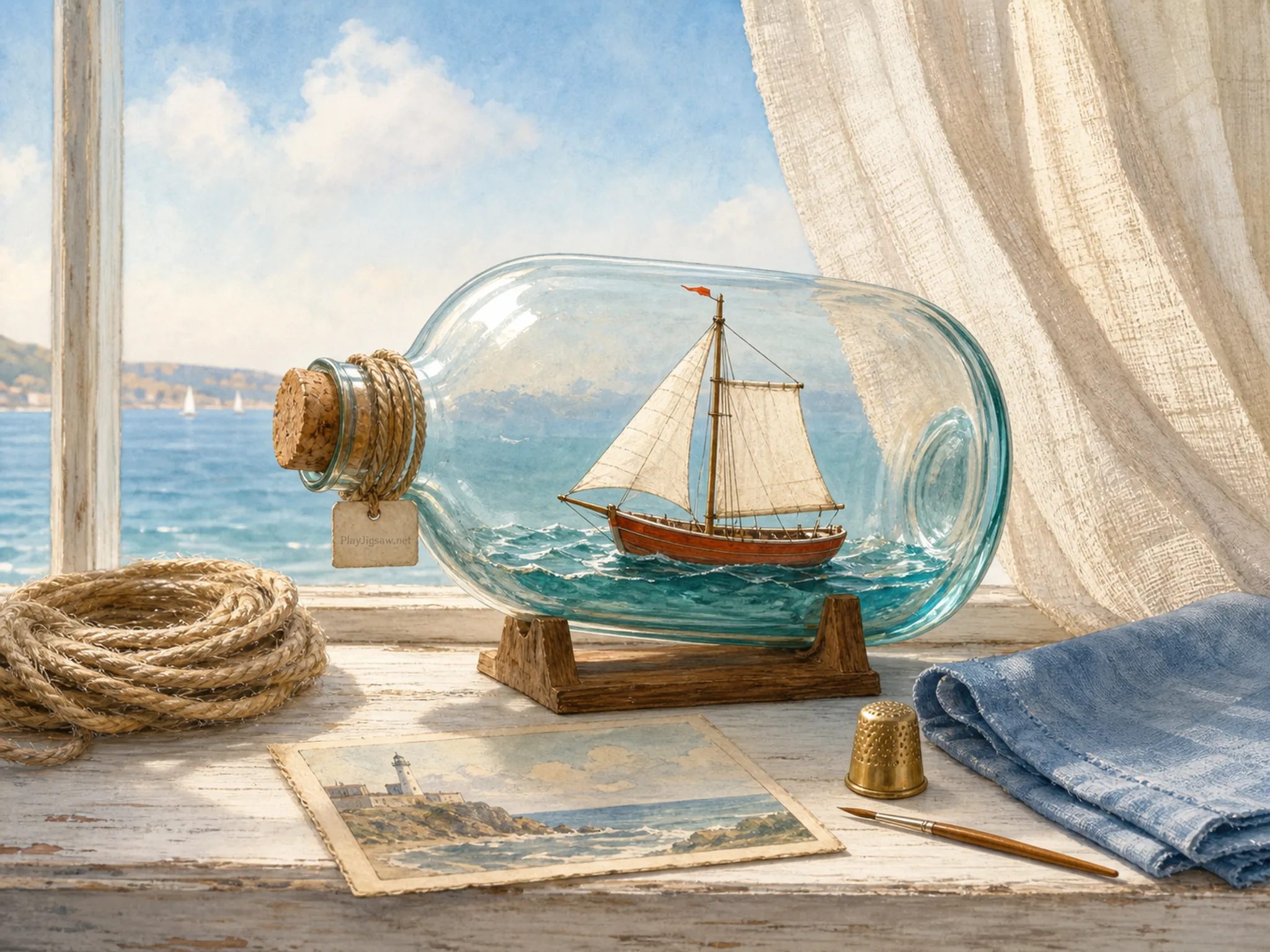 A seaside windowsill with a glass bottle containing a miniature sailboat, rope, shell, folded blue cloth, brass thimble, postcard, and tiny paintbrush