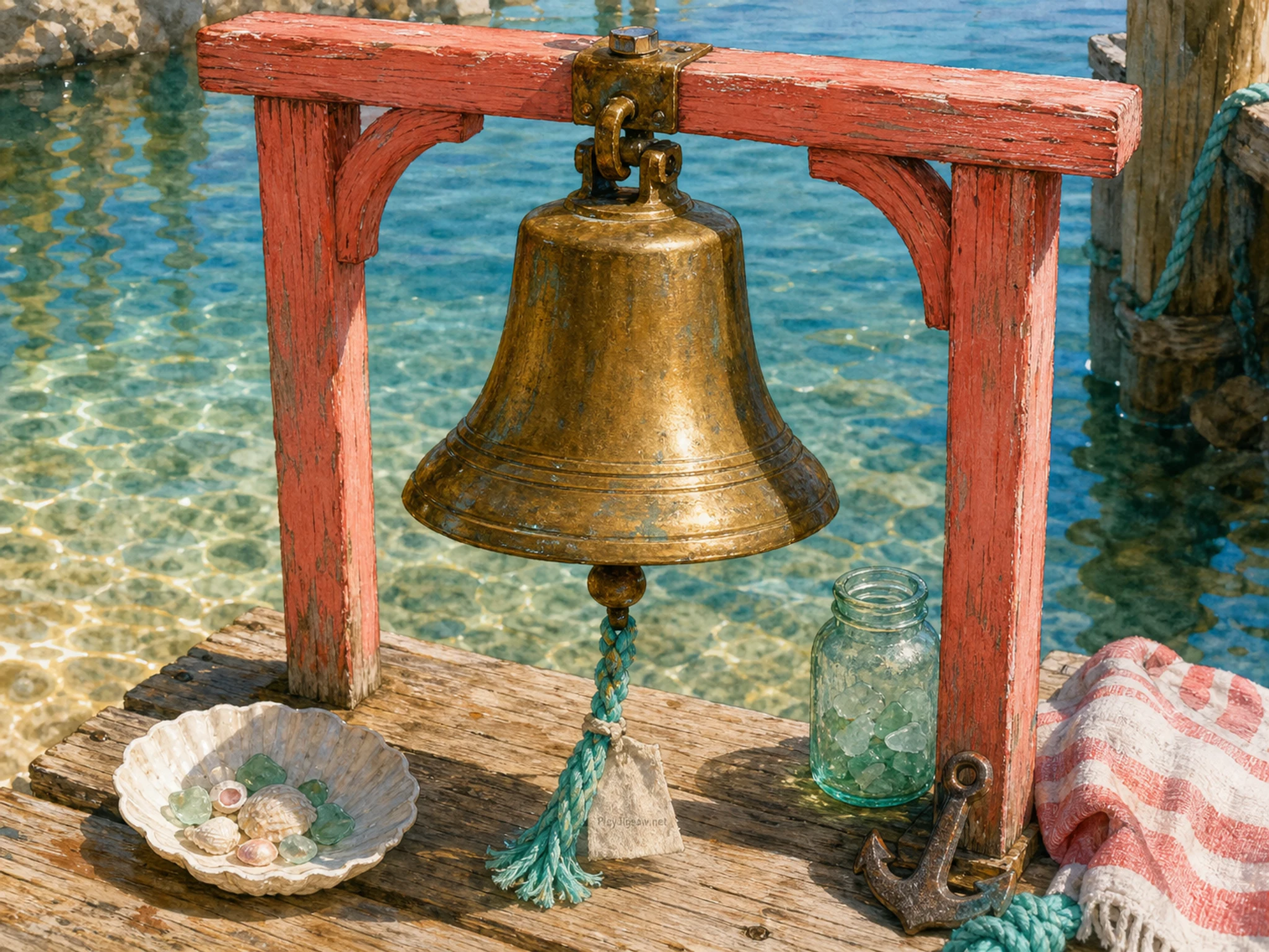 A seaside dock with a brass tide bell on a coral-painted frame, turquoise rope, shell dish, sea-glass jar, striped towel, anchor weight, rippled water reflection, and a tiny in-world rope tag