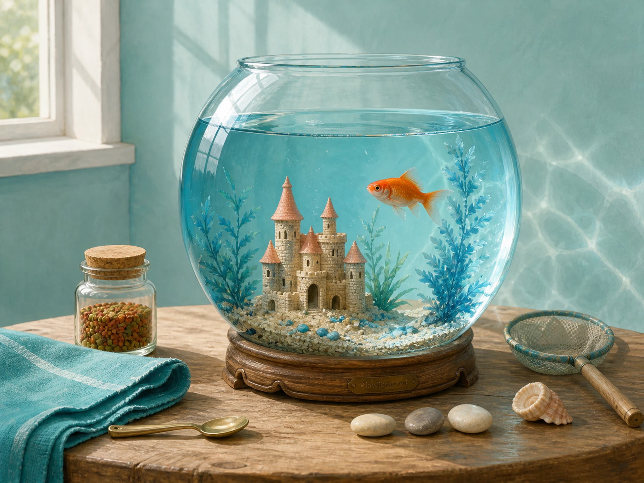 A tidy sunlit table with a round fishbowl and tiny castle, shell, folded cloth, glass pebbles, small net, ceramic dish, and a subtle in-world maker mark