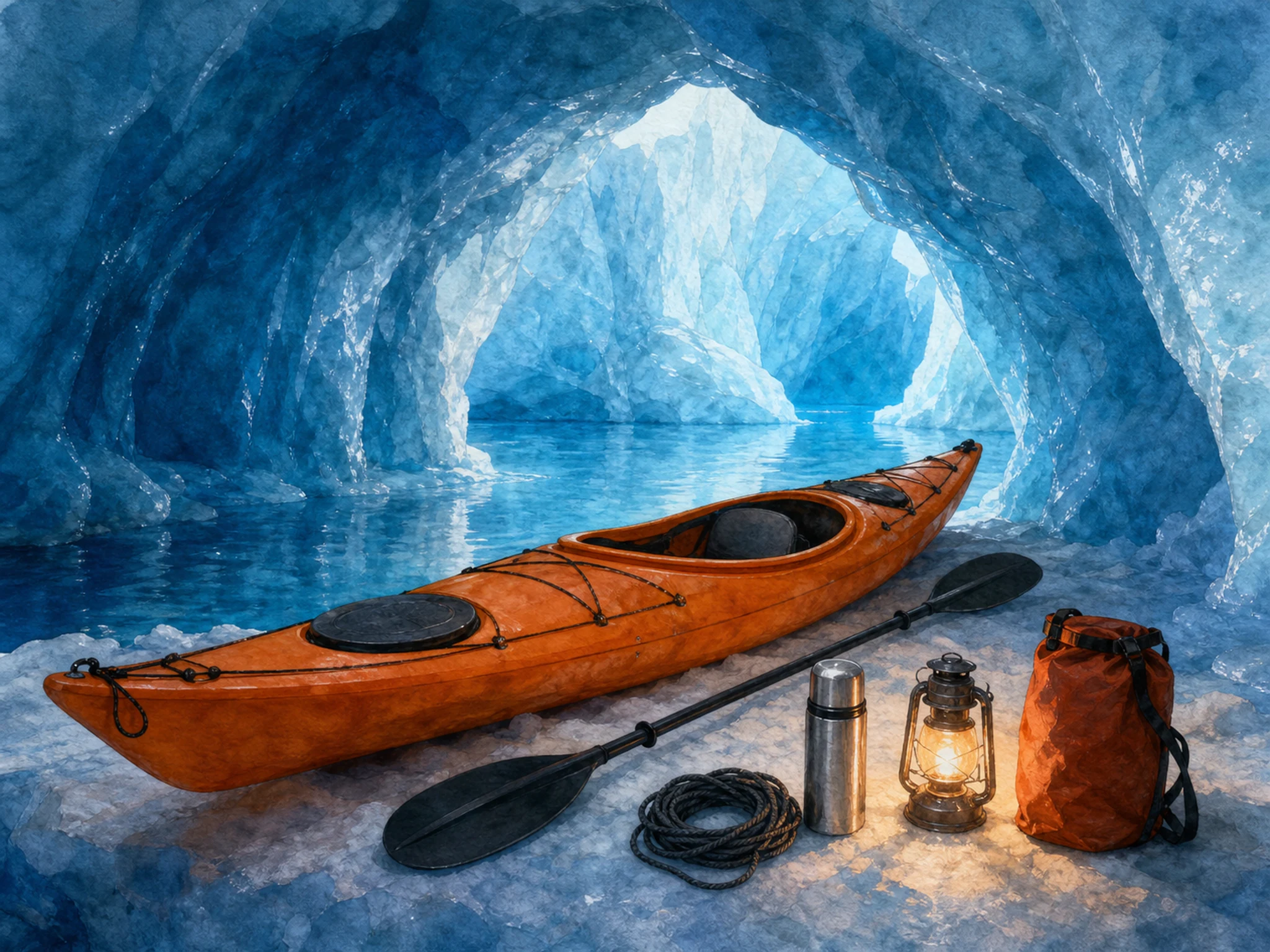 A blue glacier ice cave with an orange kayak on an ice shelf, black paddle, silver thermos, rope coil, lantern, translucent ice arch, dry bag, and a tiny in-world gear label