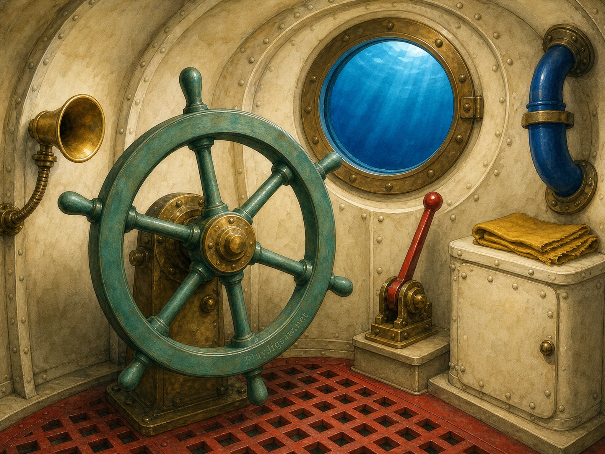 A sea-green submarine steering wheel in a cream riveted compartment with blue porthole, red lever, brass tube, cobalt pipe, mustard cloth, and curved rim engraving