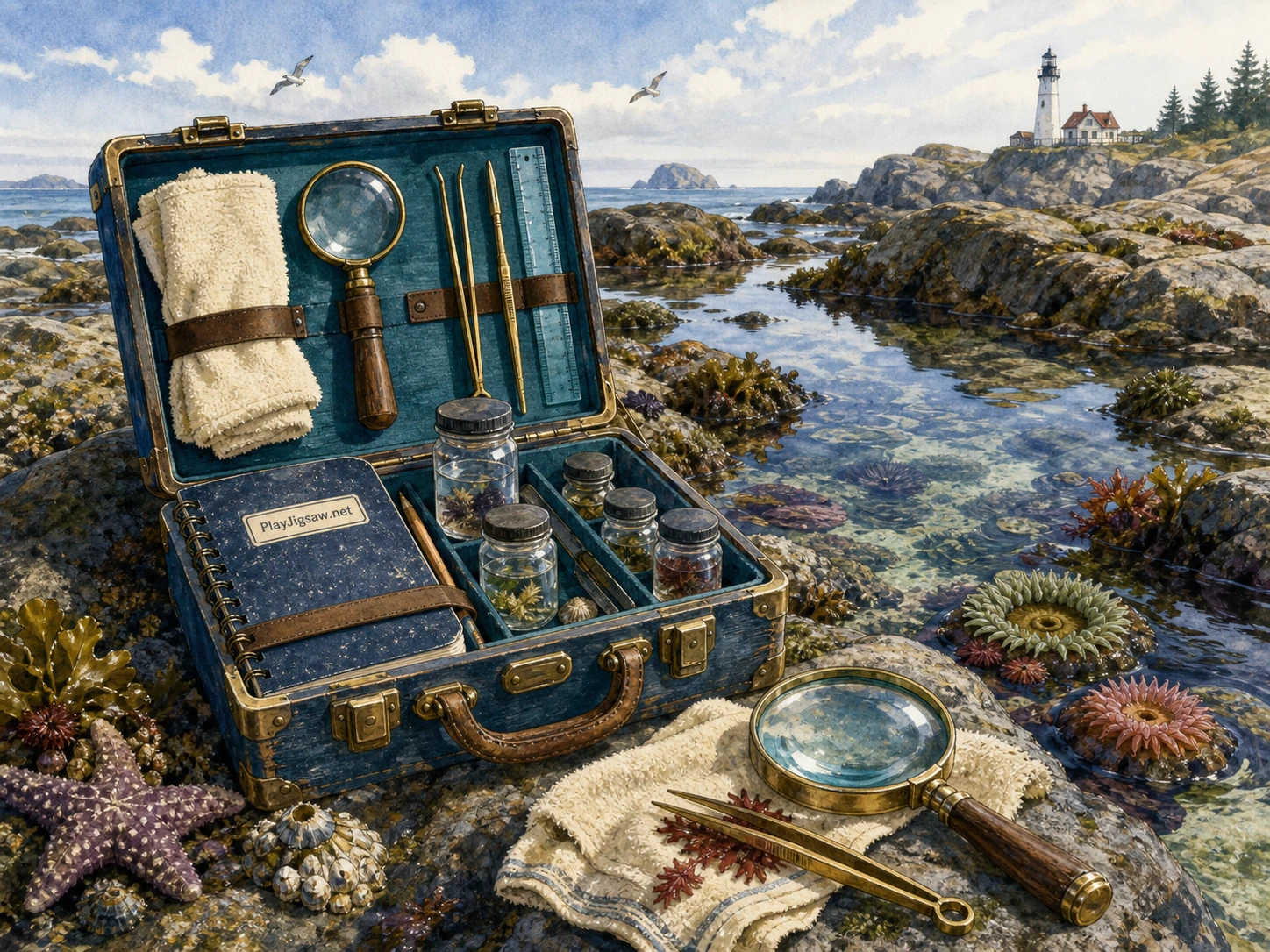 A rocky coastal tidal pool at low tide with an open field research kit, glass sample jars, waterproof notebook, magnifying lens, aqua measuring ruler, coral seaweed, brass tweezers, cream towel, and a subtle maker mark notebook label