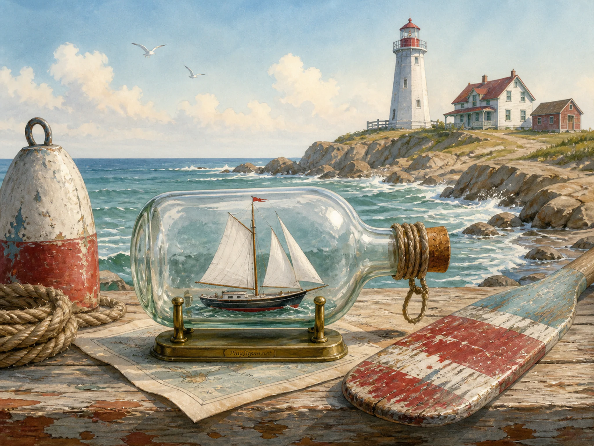 Bottle Sailboat being cataloged near painted paddle in a wind-bright beacon headland, with layered scenery and clear early morning light.