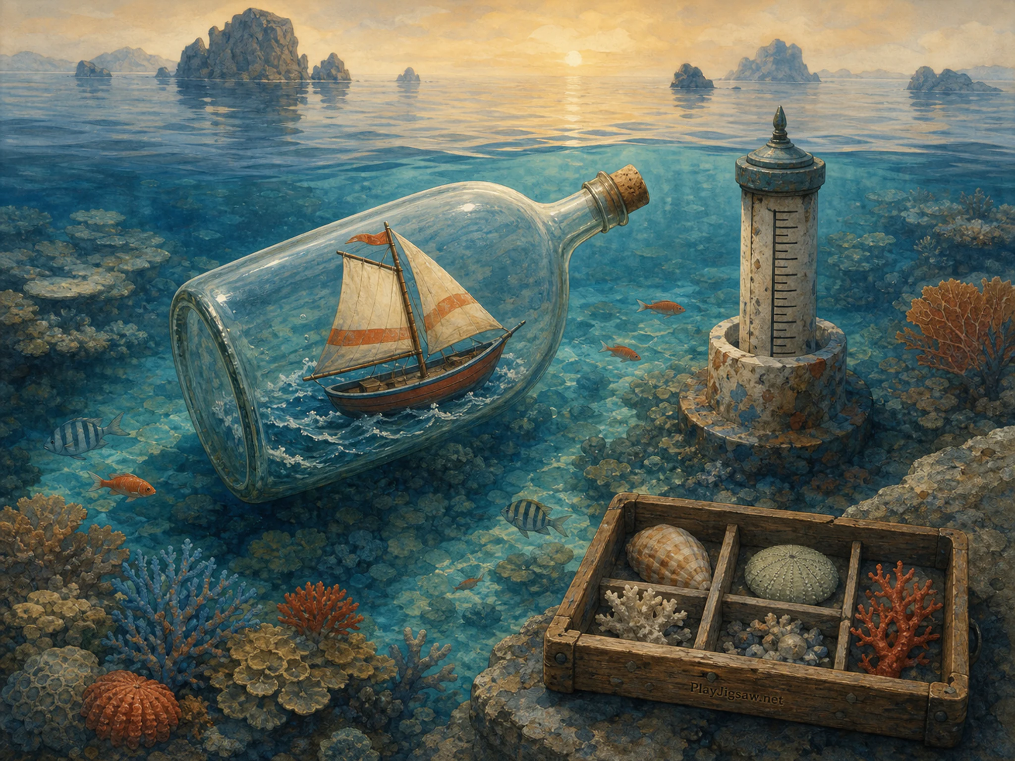 Bottle Sailboat opening onto precision tide gauge in a clear underwater reef, with layered scenery and calm misty dawn.