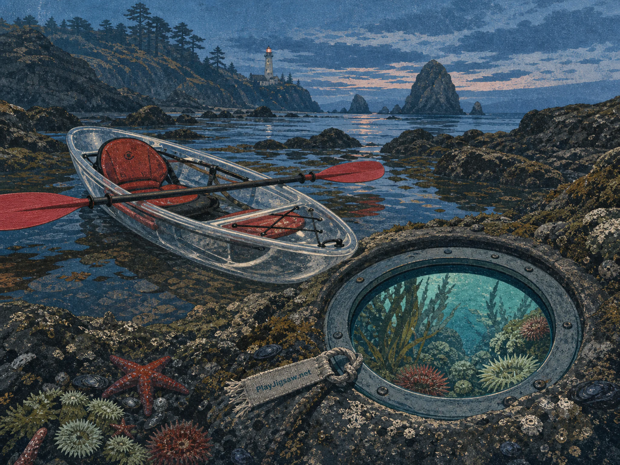 Kayak Ice Cave resting against small observation viewport in a shallow rocky tide pool, with layered scenery and cool blue-hour light.