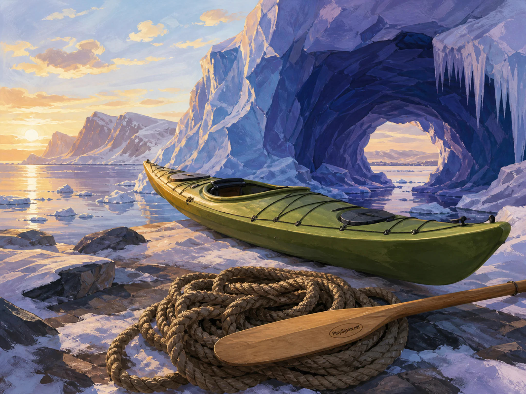 Kayak Ice Cave shining above coiled harbor rope in a stark polar shoreline, with layered scenery and warm late-day sunlight.