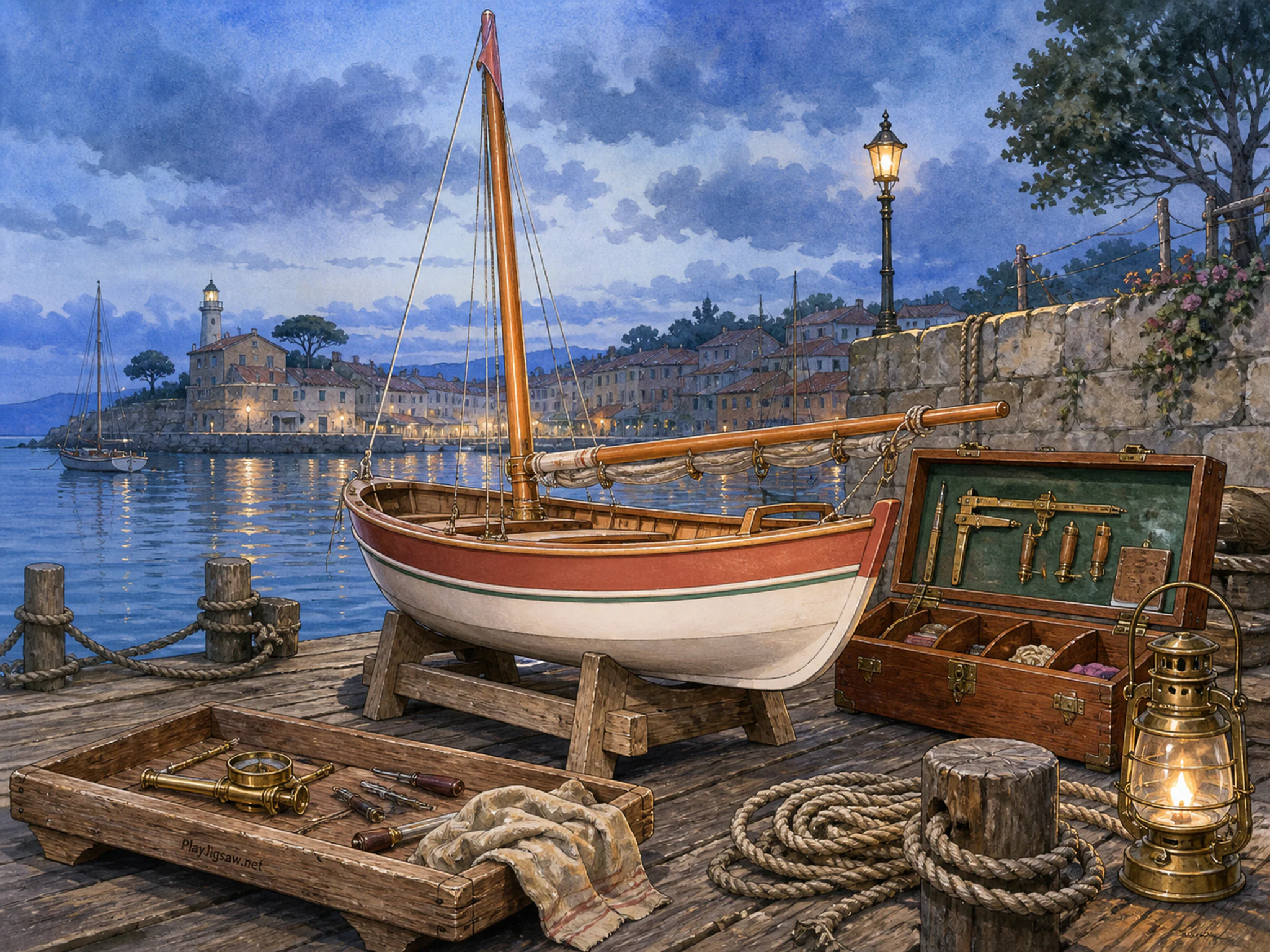 Regatta Bay being calibrated beside wooden specimen box in a rope-lined working quay, with layered scenery and cool blue-hour light.