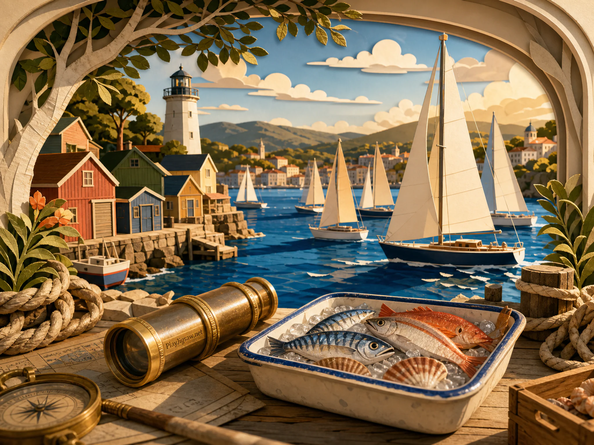Regatta Bay cutting across ceramic fish market tray in a layered sailing bay, with layered scenery and warm late-day sunlight.