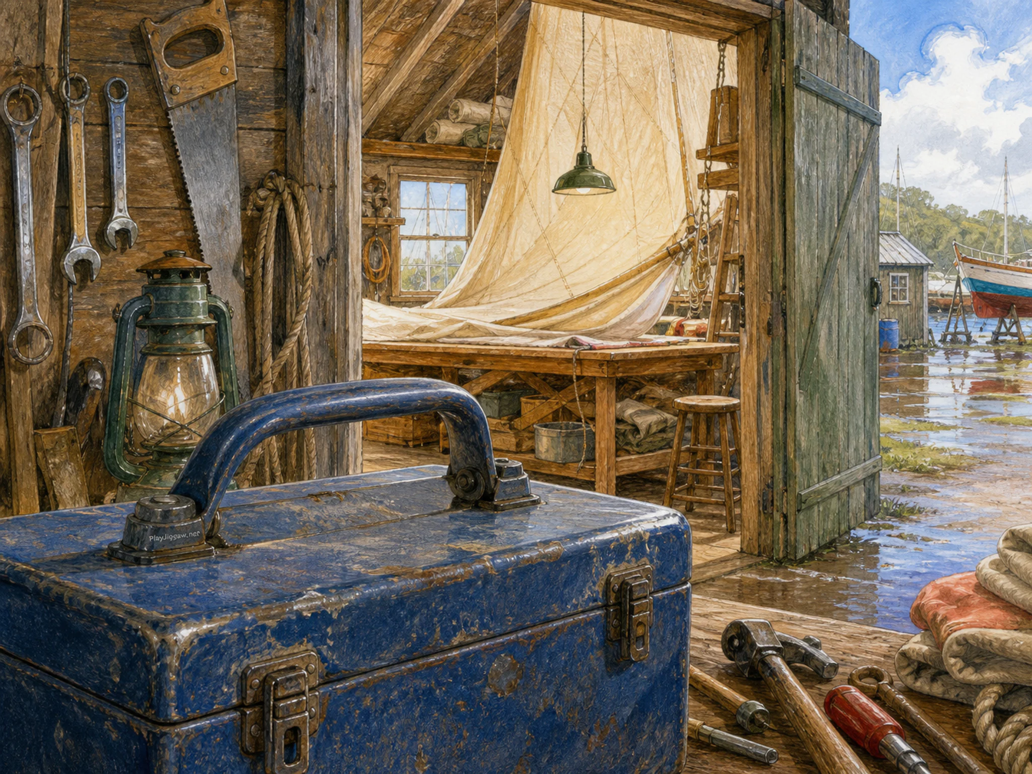 sailmaker loft seen beyond a blue metal toolbox in a boat-repair shed with common hand tools and timber, with familiar objects and sun after a brief rain shower.