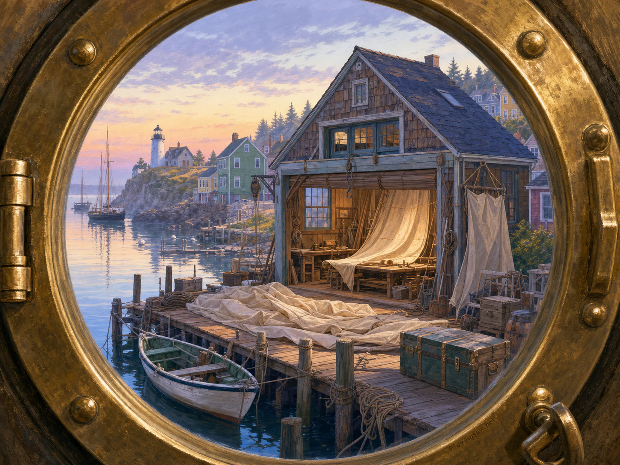 Sailmaker Loft gliding beyond polished brass lens in a colorful coastal settlement, with layered scenery and calm misty dawn.