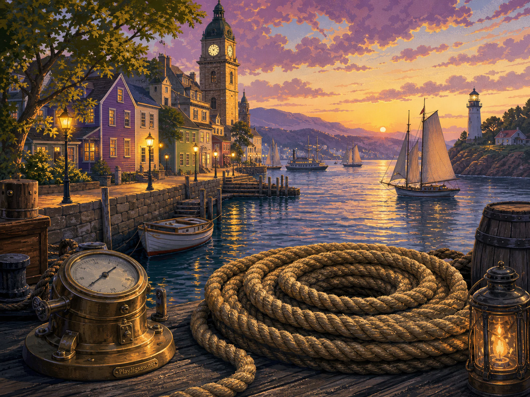 Clocktower Town being cataloged near coiled harbor rope in a layered sailing bay, with layered scenery and golden lamplight at dusk.